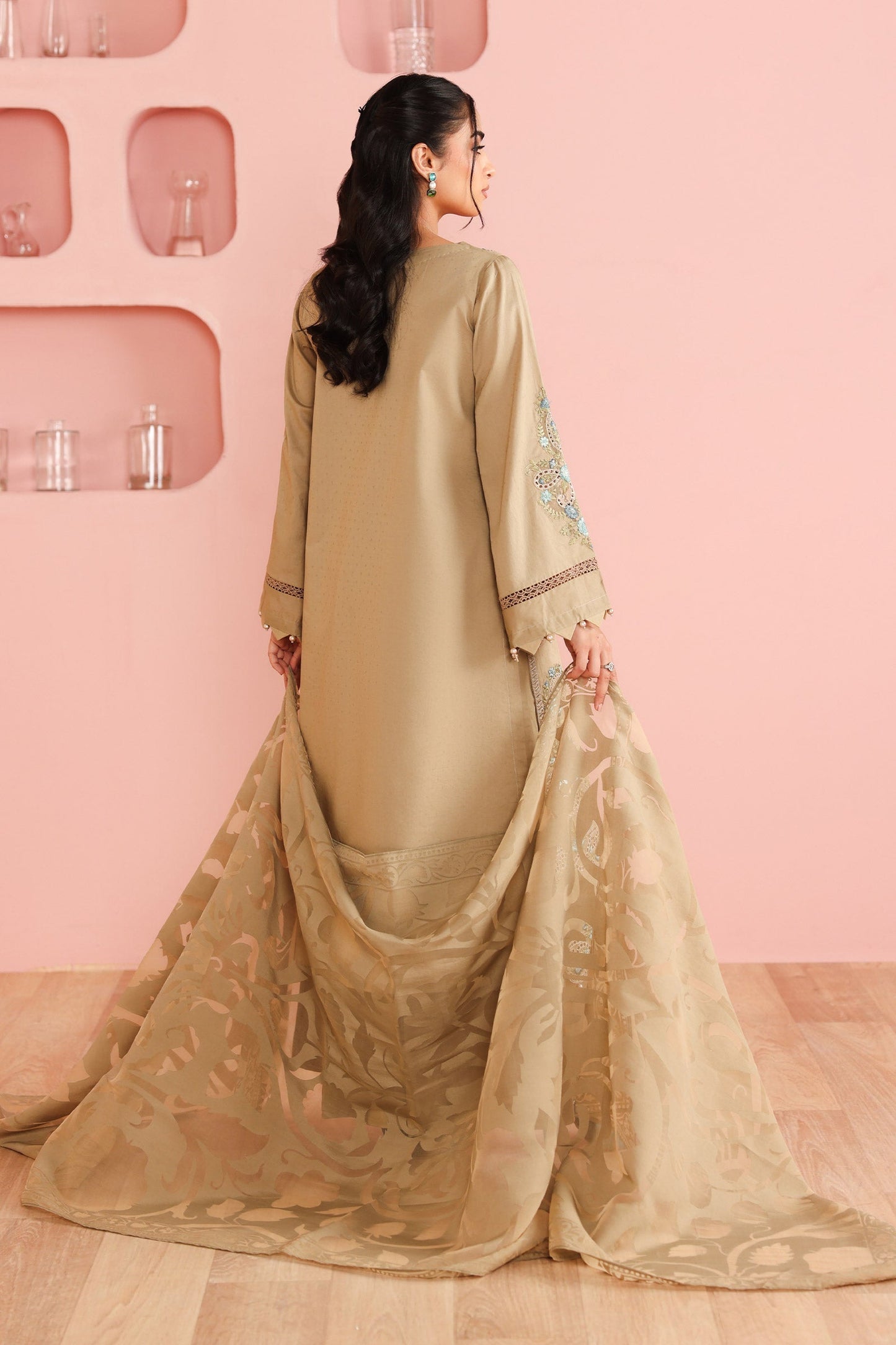 Maria B | Pre Fall Dresses | 3 Piece Embroidered Dobby Suit Coffee - Ladies Clothes - Maria Faisal