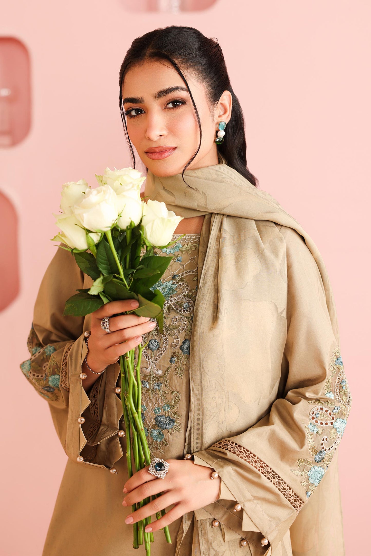 Maria B | Pre Fall Dresses | 3 Piece Embroidered Dobby Suit Coffee - Ladies Clothes - Maria Faisal