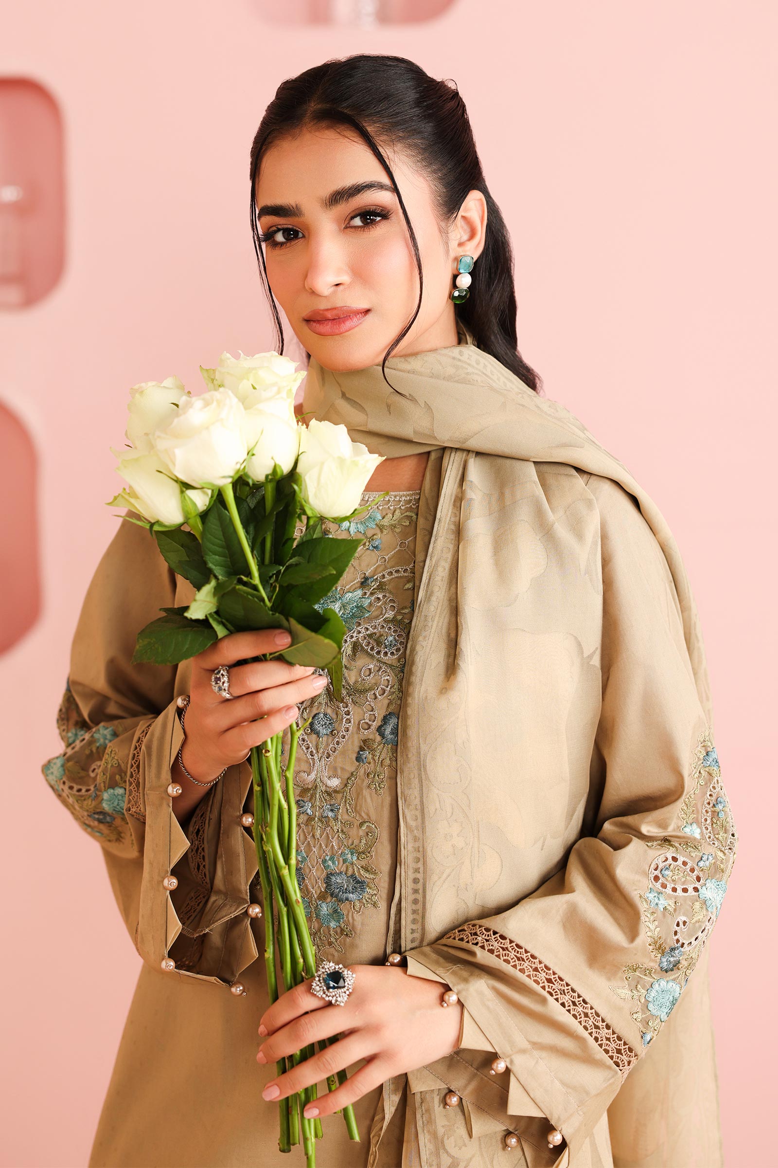 Maria B | Pre Fall Dresses | 3 Piece Embroidered Dobby Suit Coffee - Ladies Clothes - Maria Faisal