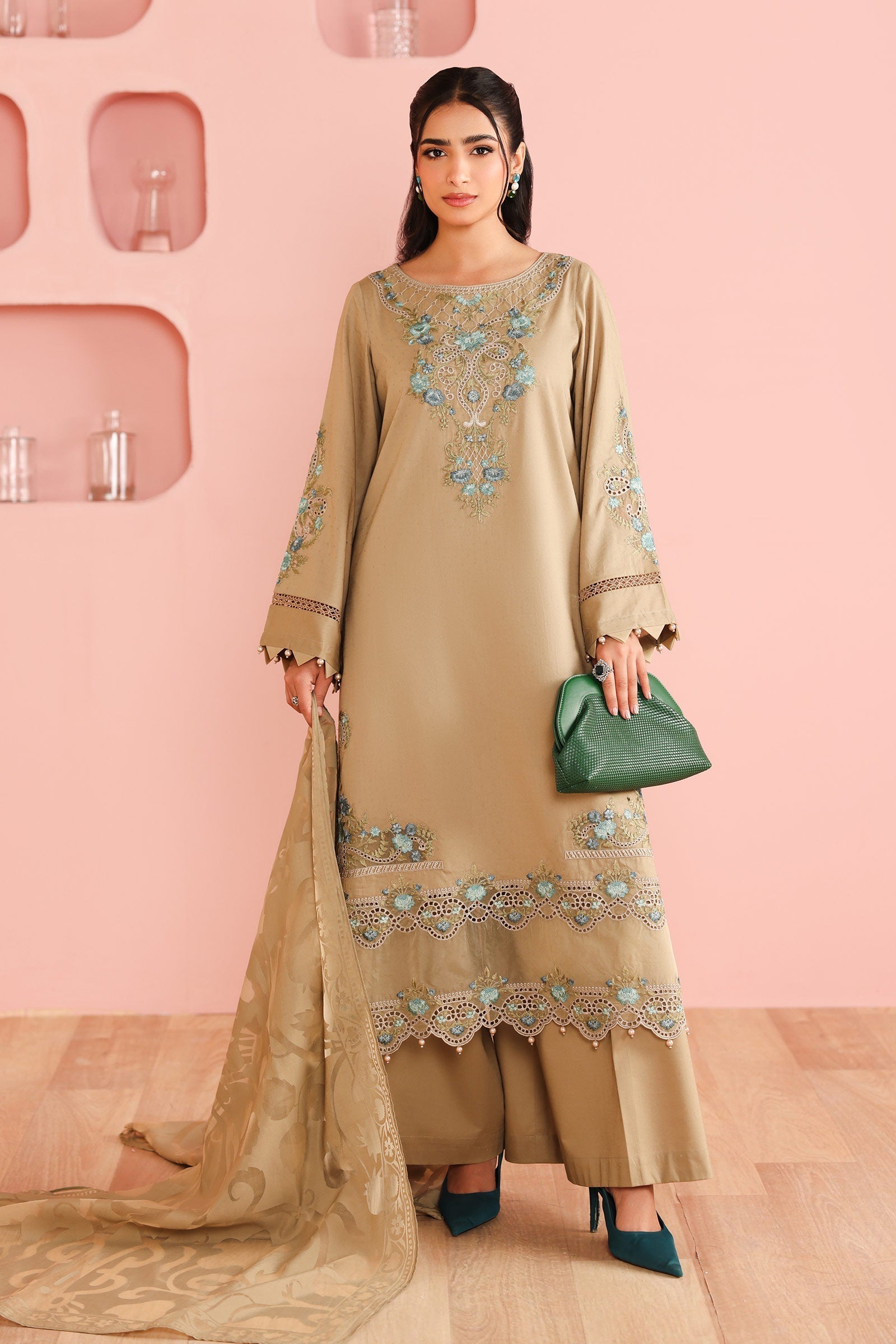 Maria B | Pre Fall Dresses | 3 Piece Embroidered Dobby Suit Coffee - Ladies Clothes - Maria Faisal