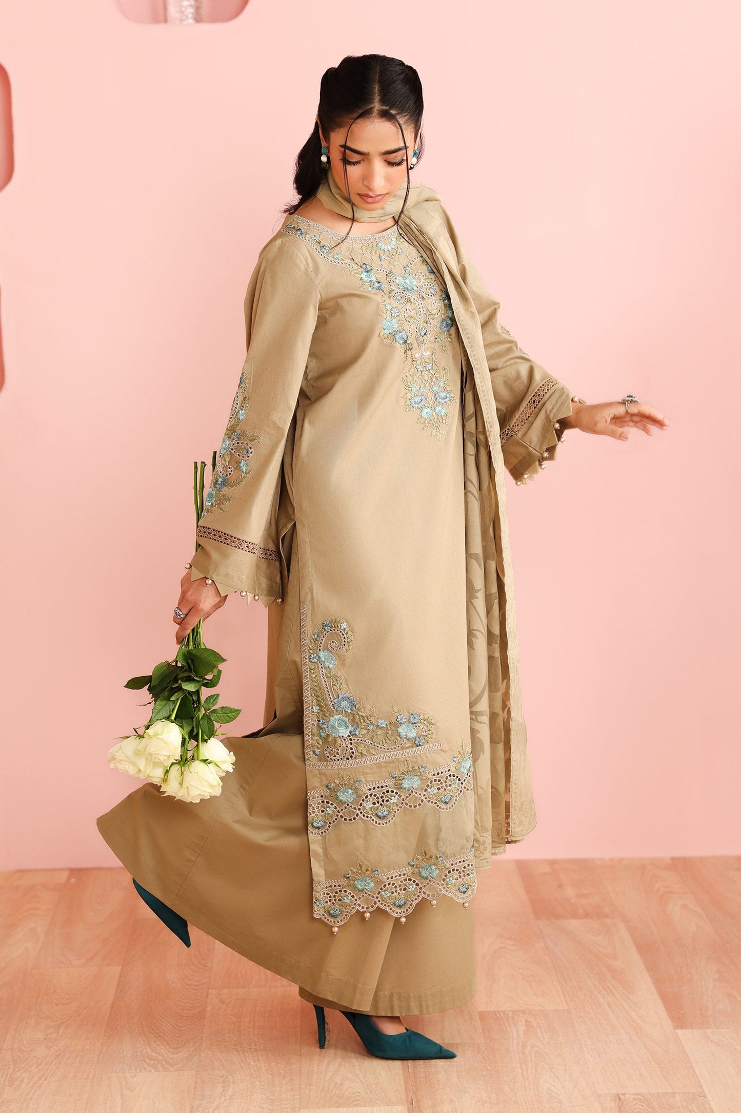 Maria B | Pre Fall Dresses | 3 Piece Embroidered Dobby Suit Coffee - Ladies Clothes - Maria Faisal