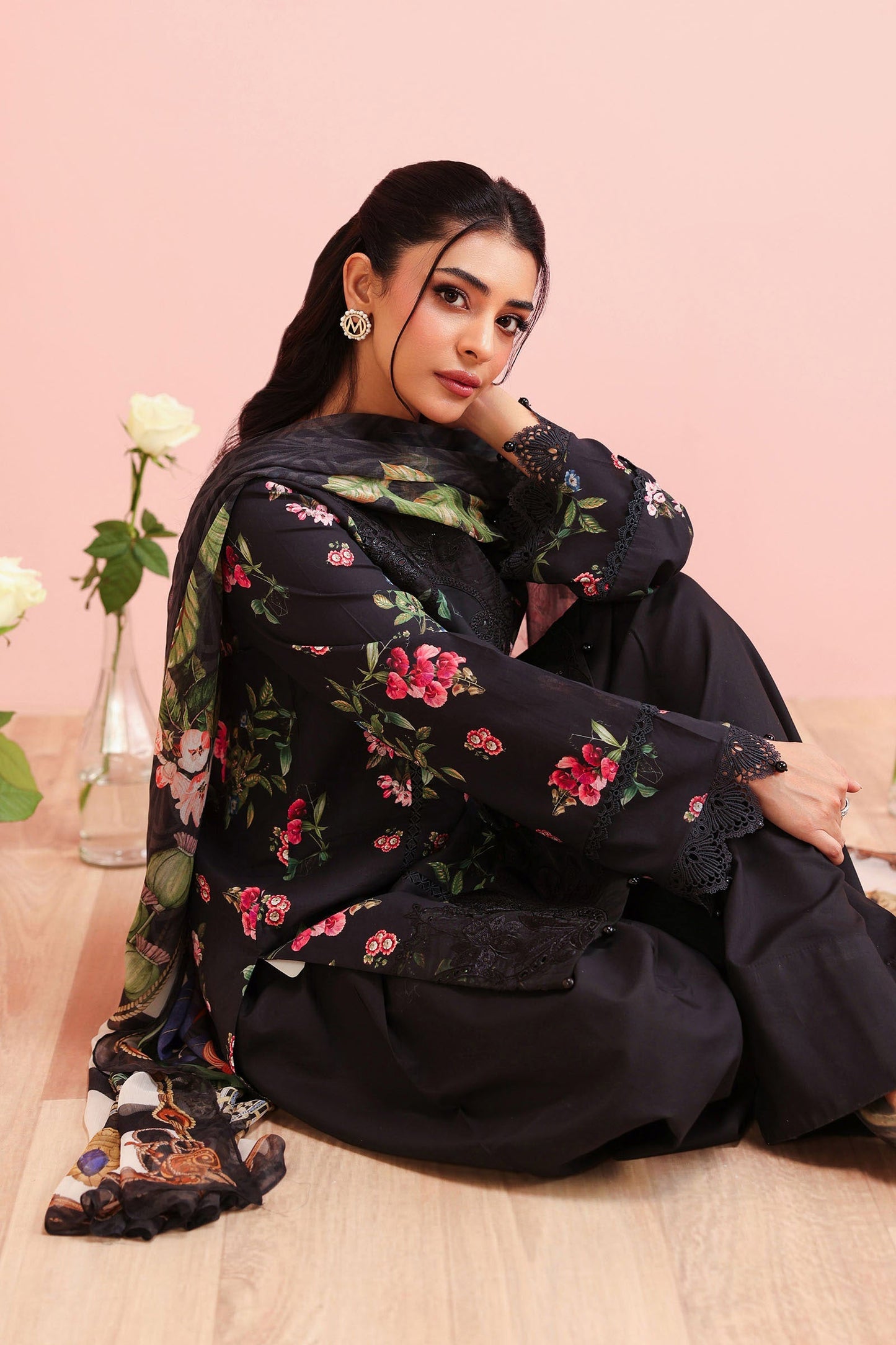 Maria B | Pre Fall Dresses | 3 Piece Embroidered Cotton Suit Black - Ladies Clothes - Maria Faisal