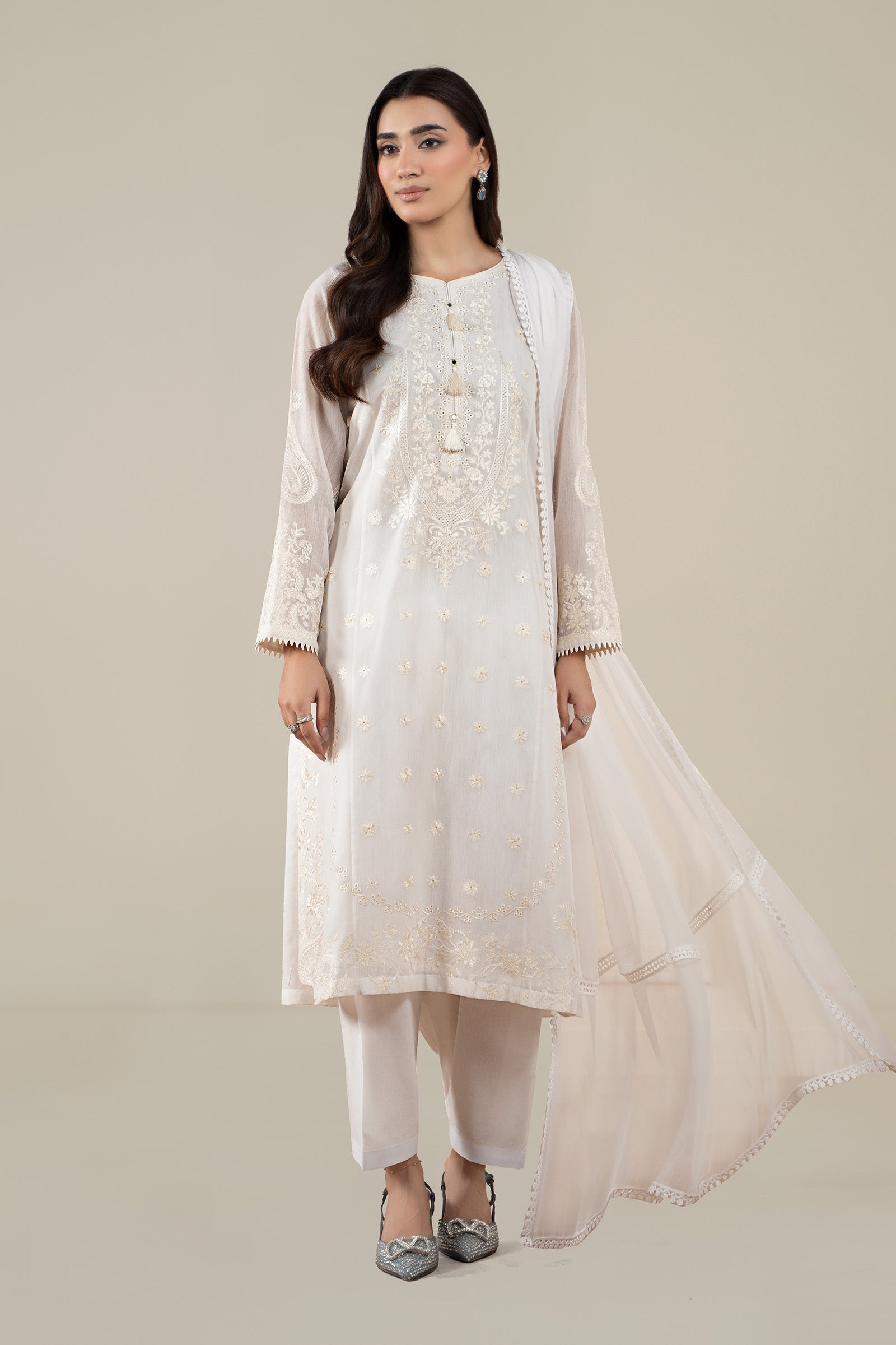 Maria B | Pre Fall Dresses | 3 Piece Embroidered Paper Cotton Suit AA - Ladies Clothes - Maria Faisal