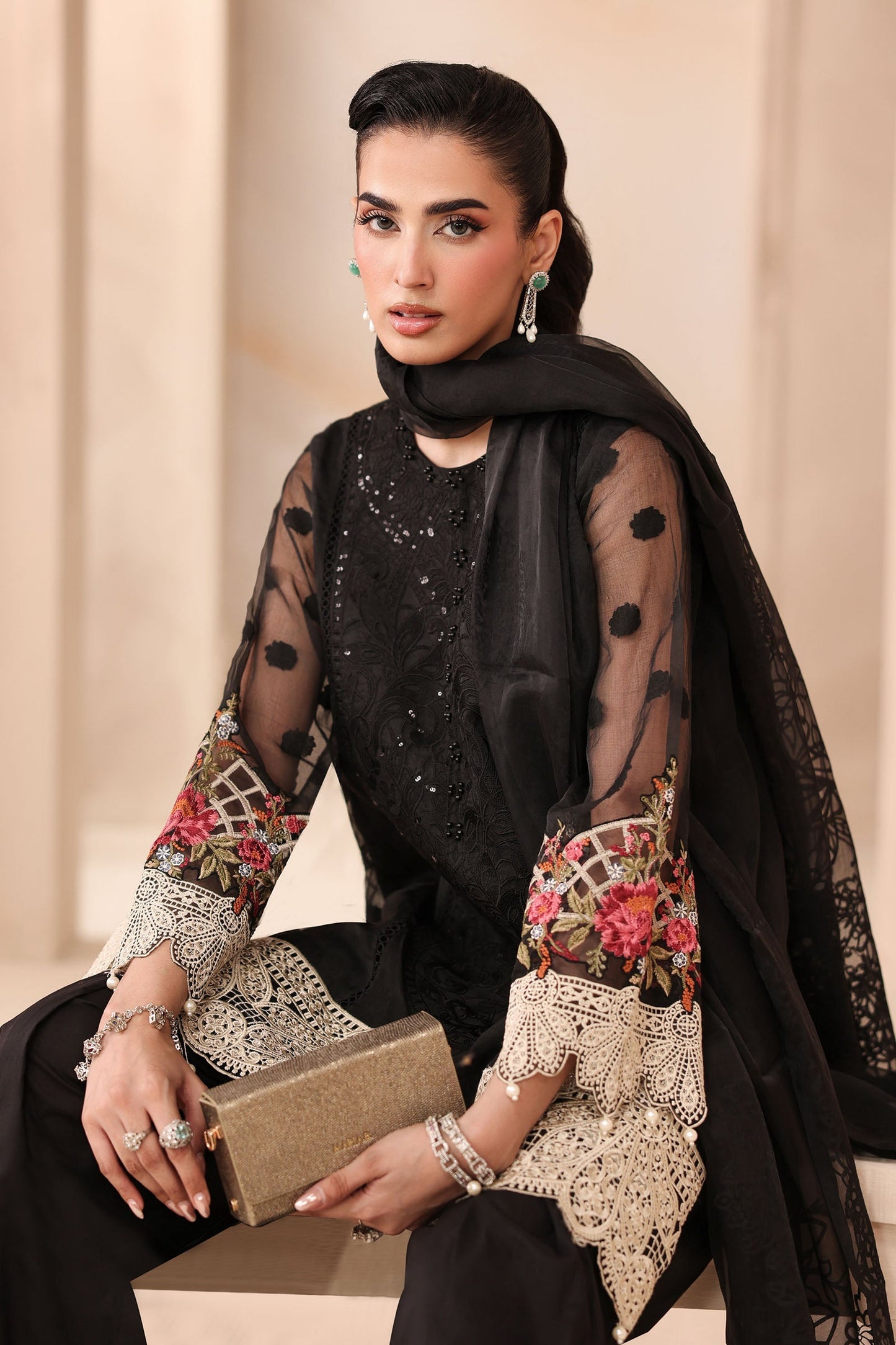 Maria B | Pre Fall Dresses | 3 Piece Embroidered Organza Jacquard Suit Black - Ladies Clothes - Maria Faisal