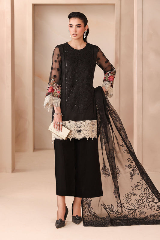 Maria B | Pre Fall Dresses | 3 Piece Embroidered Organza Jacquard Suit Black - Ladies Clothes - Maria Faisal