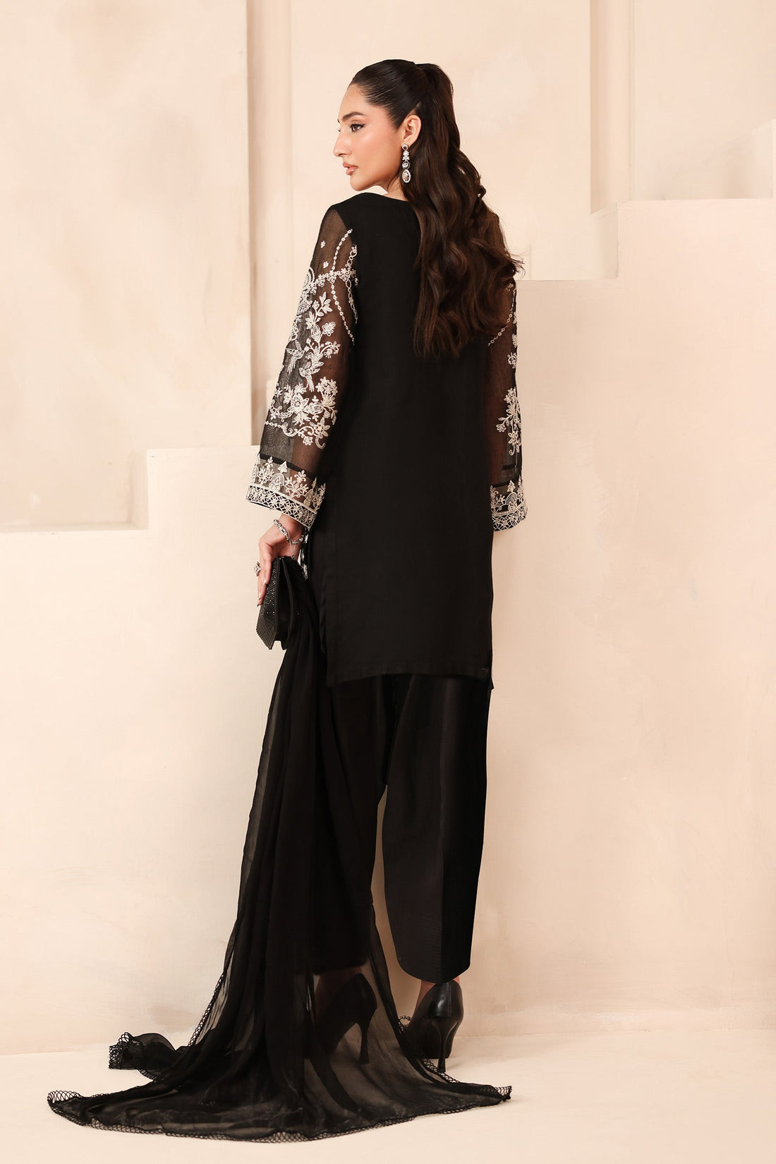 Maria B | Pre Fall Dresses | 3 Piece Embroidered Cotton Net Suit Black - Ladies Clothes - Maria Faisal