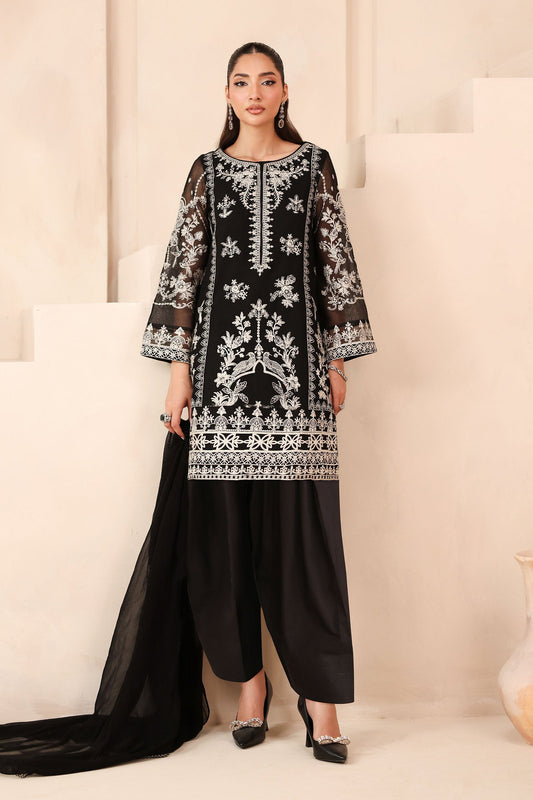 Maria B | Pre Fall Dresses | 3 Piece Embroidered Cotton Net Suit Black - Ladies Clothes - Maria Faisal