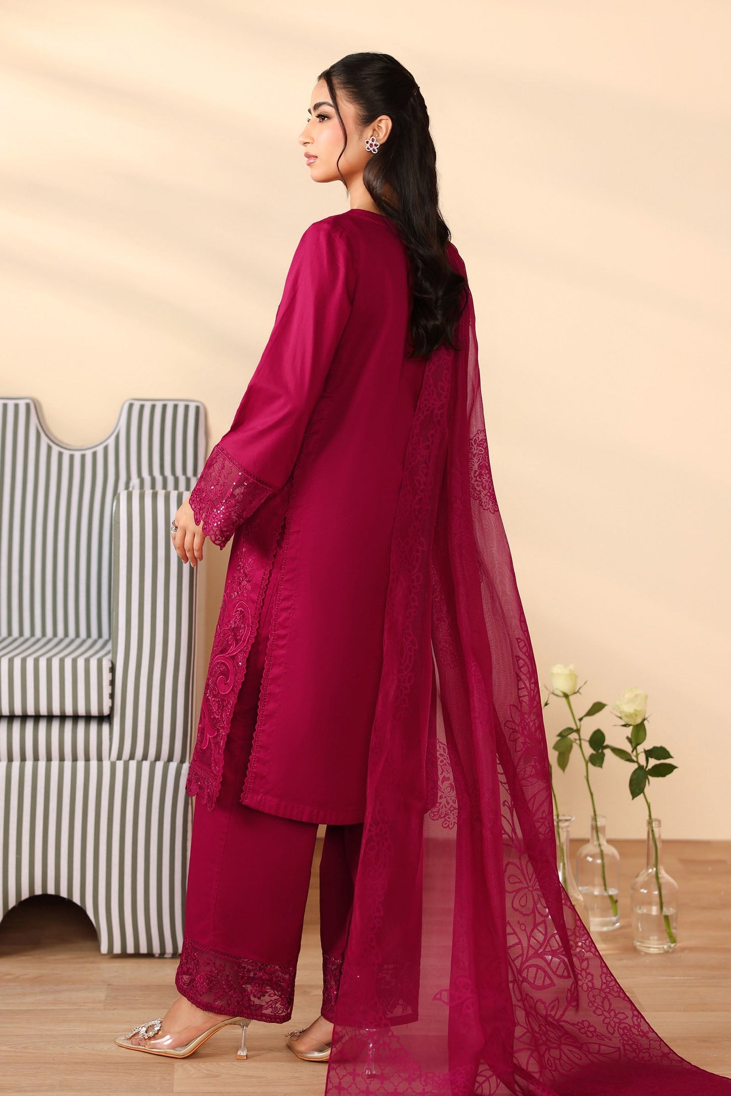 Maria B | Pre Fall Dresses | 3 Piece Embroidered Dobby Suit Maroon - Ladies Clothes - Maria Faisal