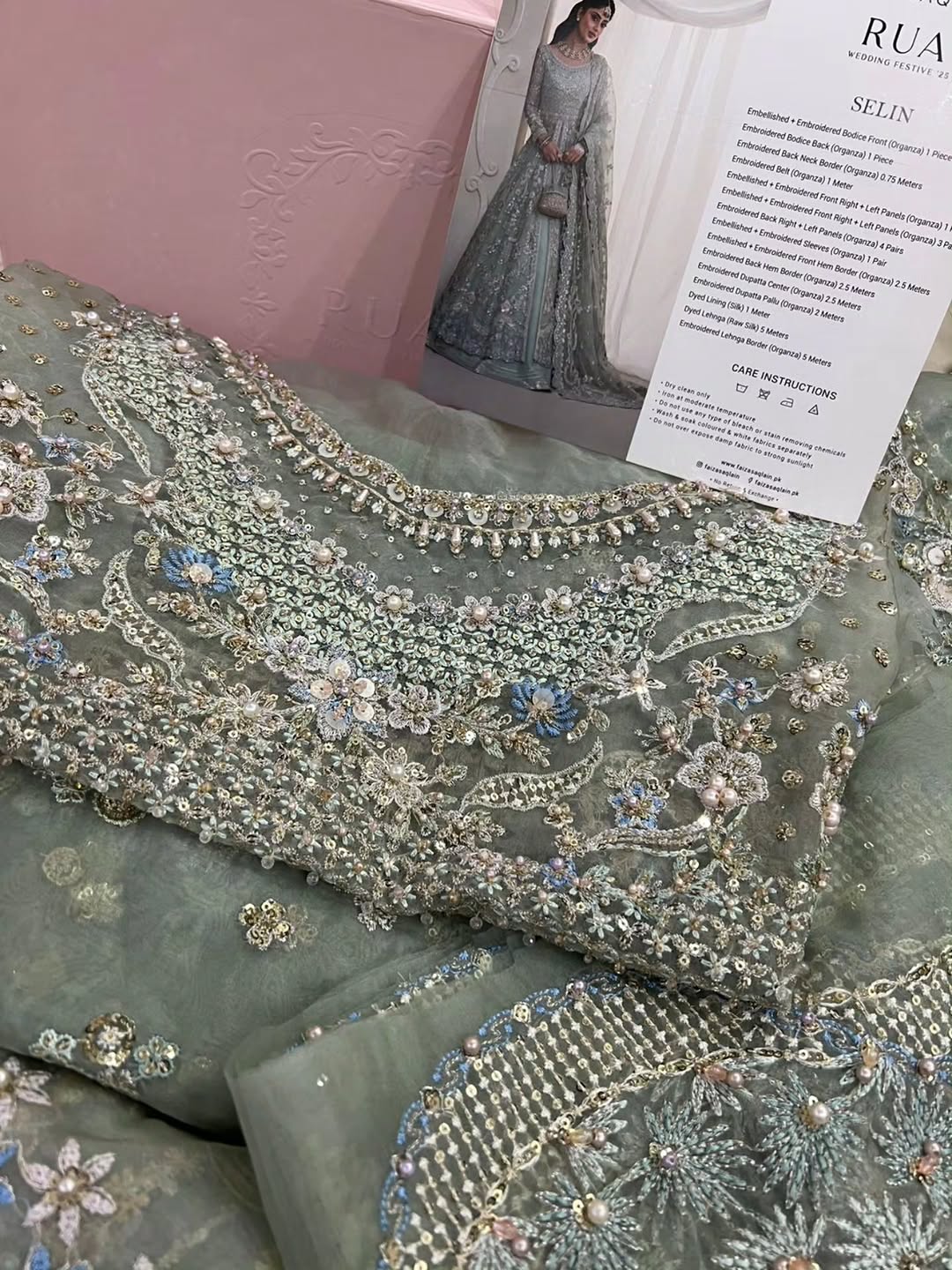 Mint Green Embroidered Organza Open Pishwas with Lehnga - Faiza Saqlain | Rua Wedding Formals | Selin