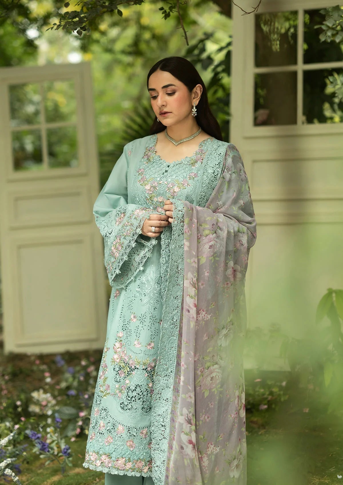 Elaf Premium | Luxury Lawn 26 | ELQ-6B MINT STORY - Luxury Dress - available at Maria Faisal in UK and USA.
