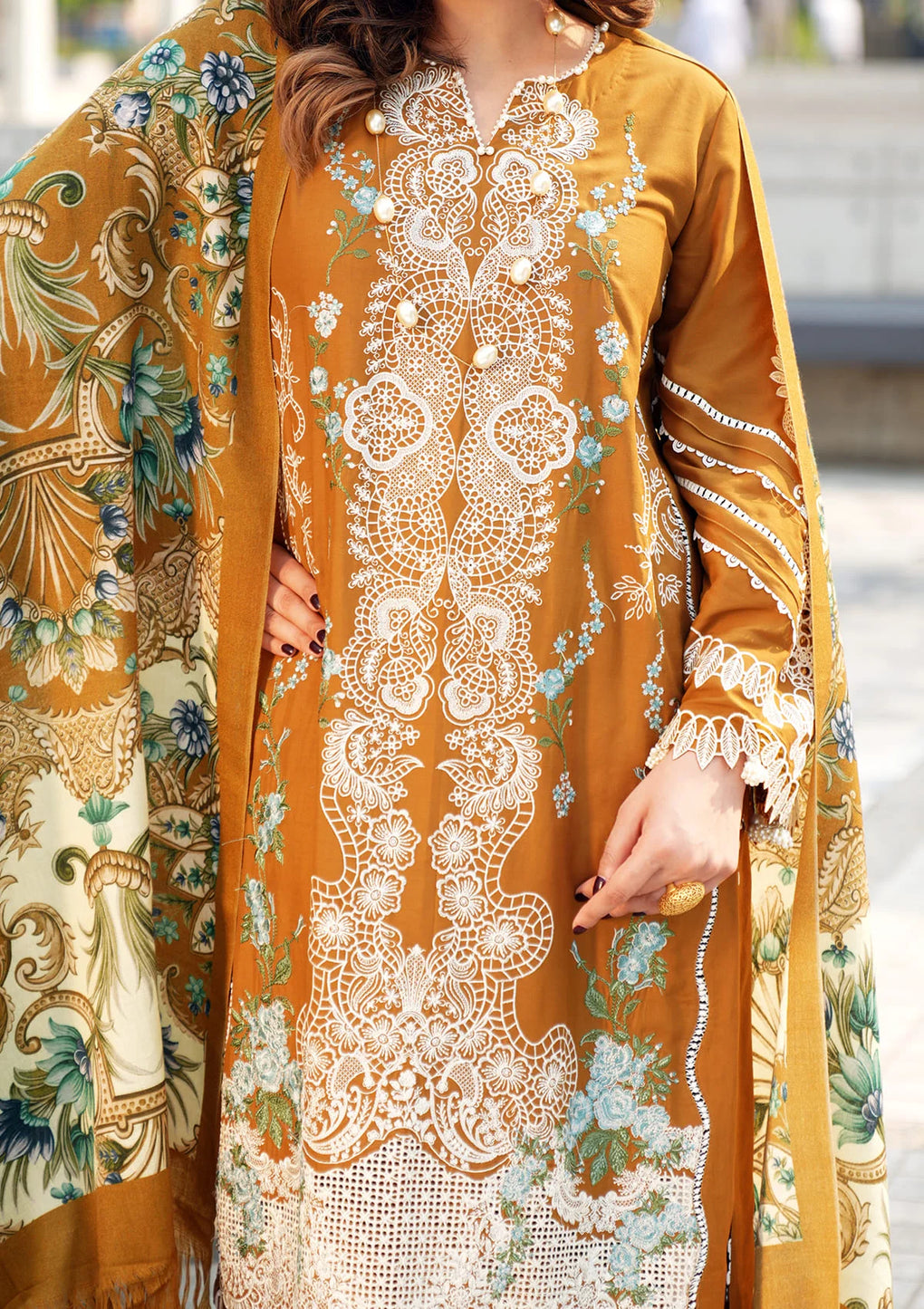 Elaf Premium | Winter Pashmina Shawl Collection | EPW-3A Sunkissed Meadows - Designer Dress with Intricate embroidery and embellishments. Shop elegent wedding dress at Maria Faisal.