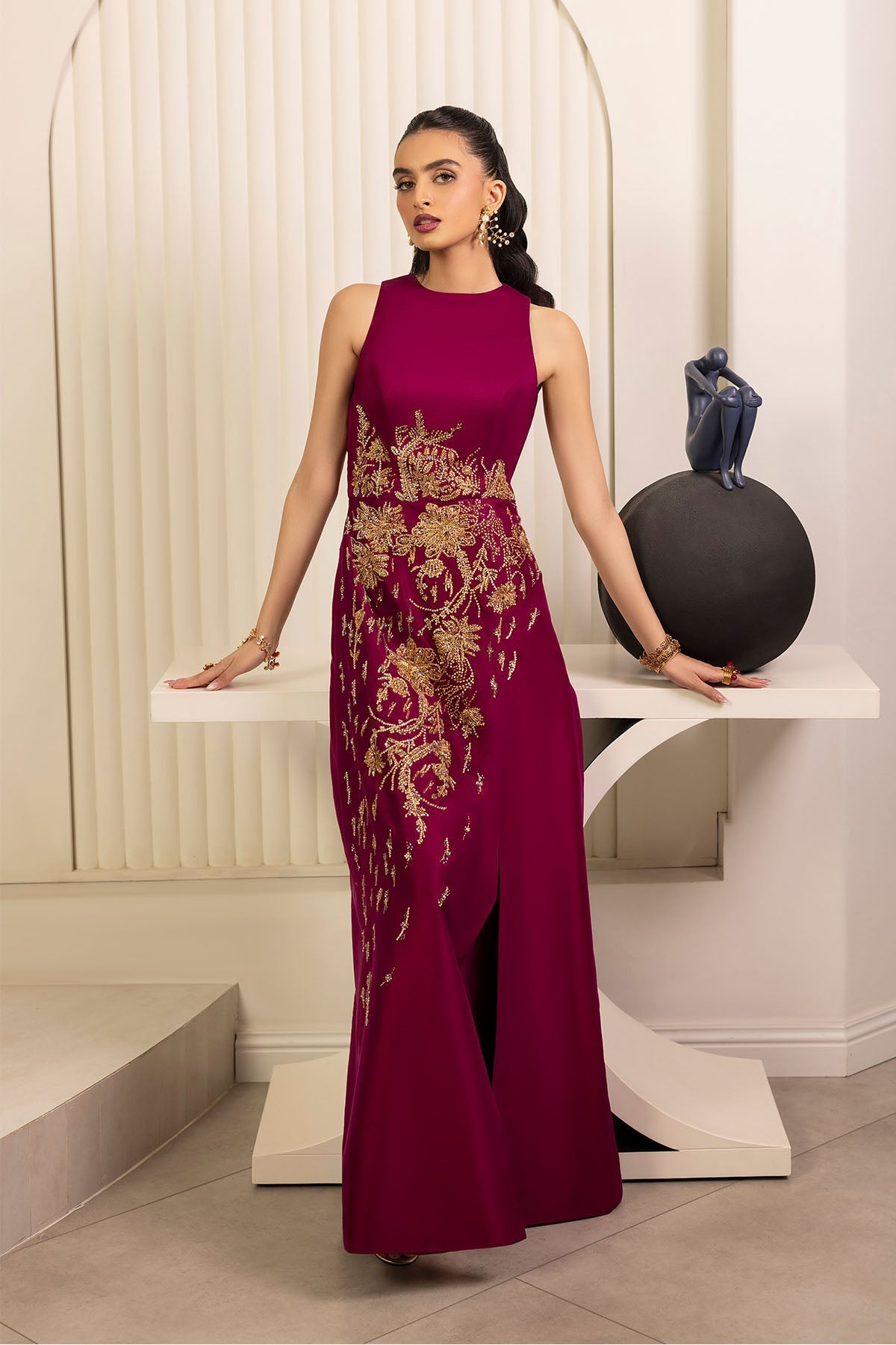 Erum Khan | Elan Formals |Mulberry Gold - Formal Dress - available at Maria Faisal in UK and USA.