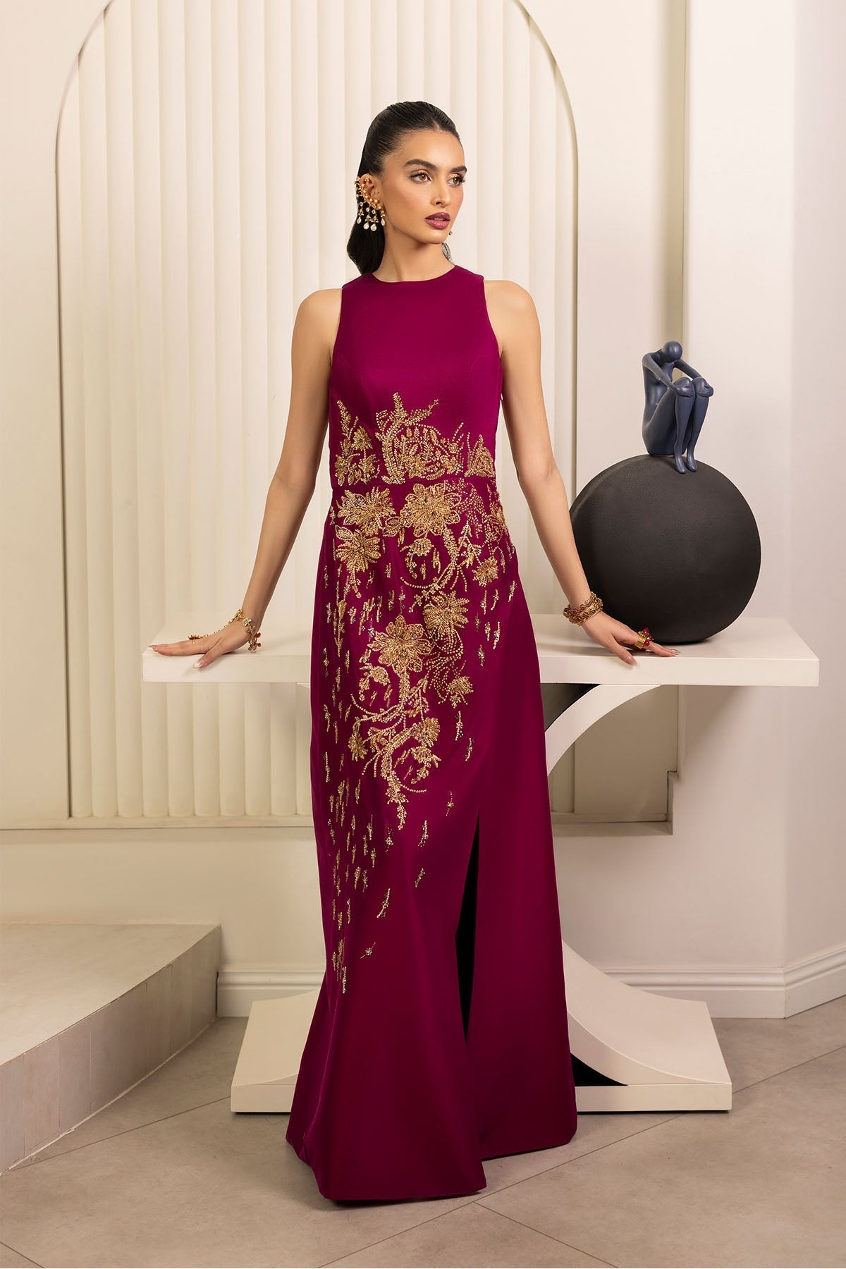 Erum Khan | Elan Formals |Mulberry Gold - Formal Dress - available at Maria Faisal in UK and USA.