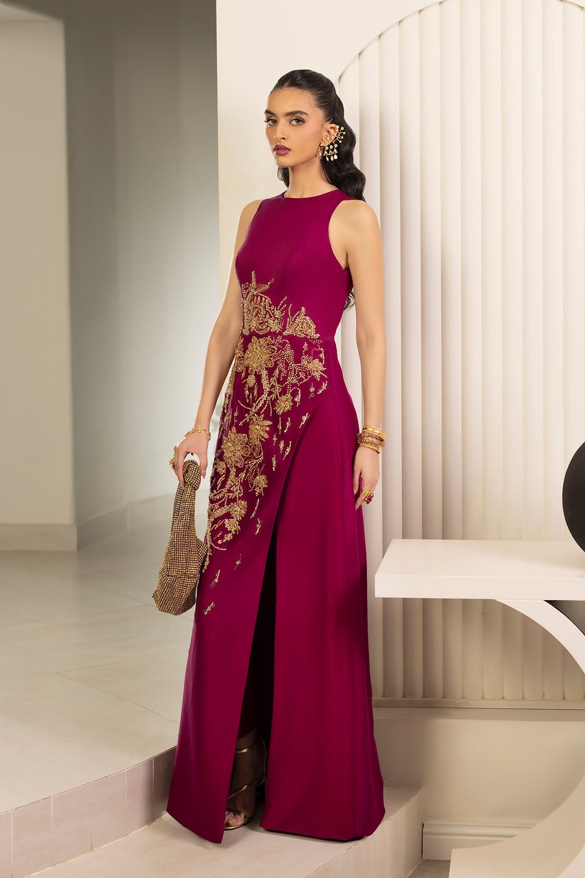 Erum Khan | Elan Formals |Mulberry Gold - Formal Dress - available at Maria Faisal in UK and USA.