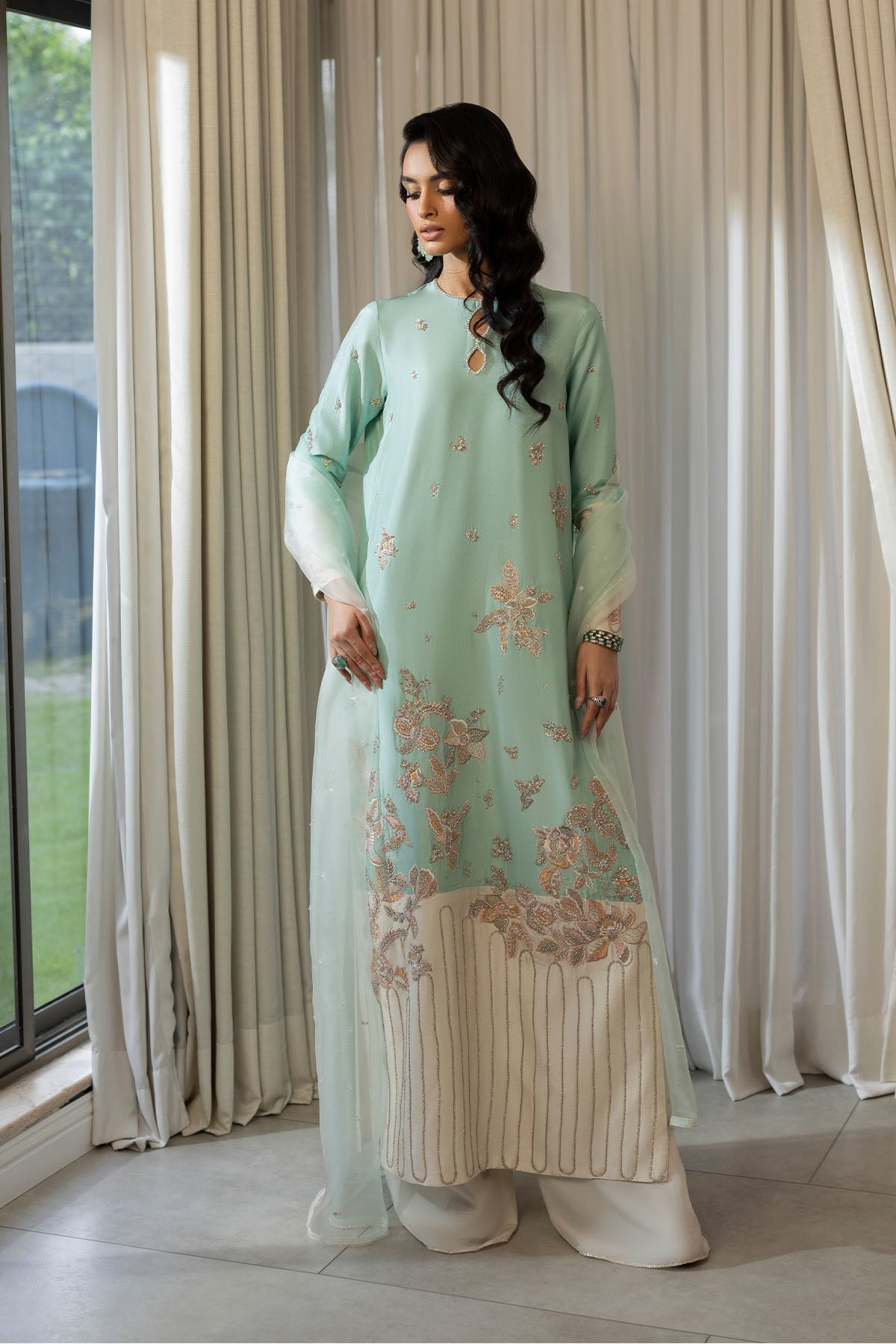 Erum Khan | Elan Formals | Mint Bloom - Formal Dress - available at Maria Faisal in UK and USA.