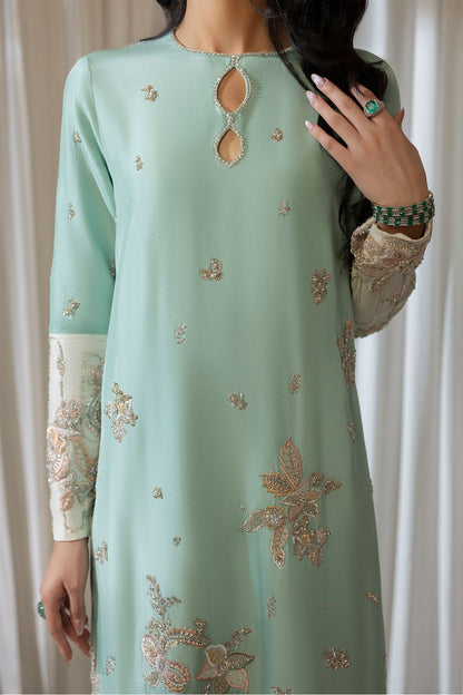 Erum Khan | Elan Formals | Mint Bloom - Formal Dress - available at Maria Faisal in UK and USA.