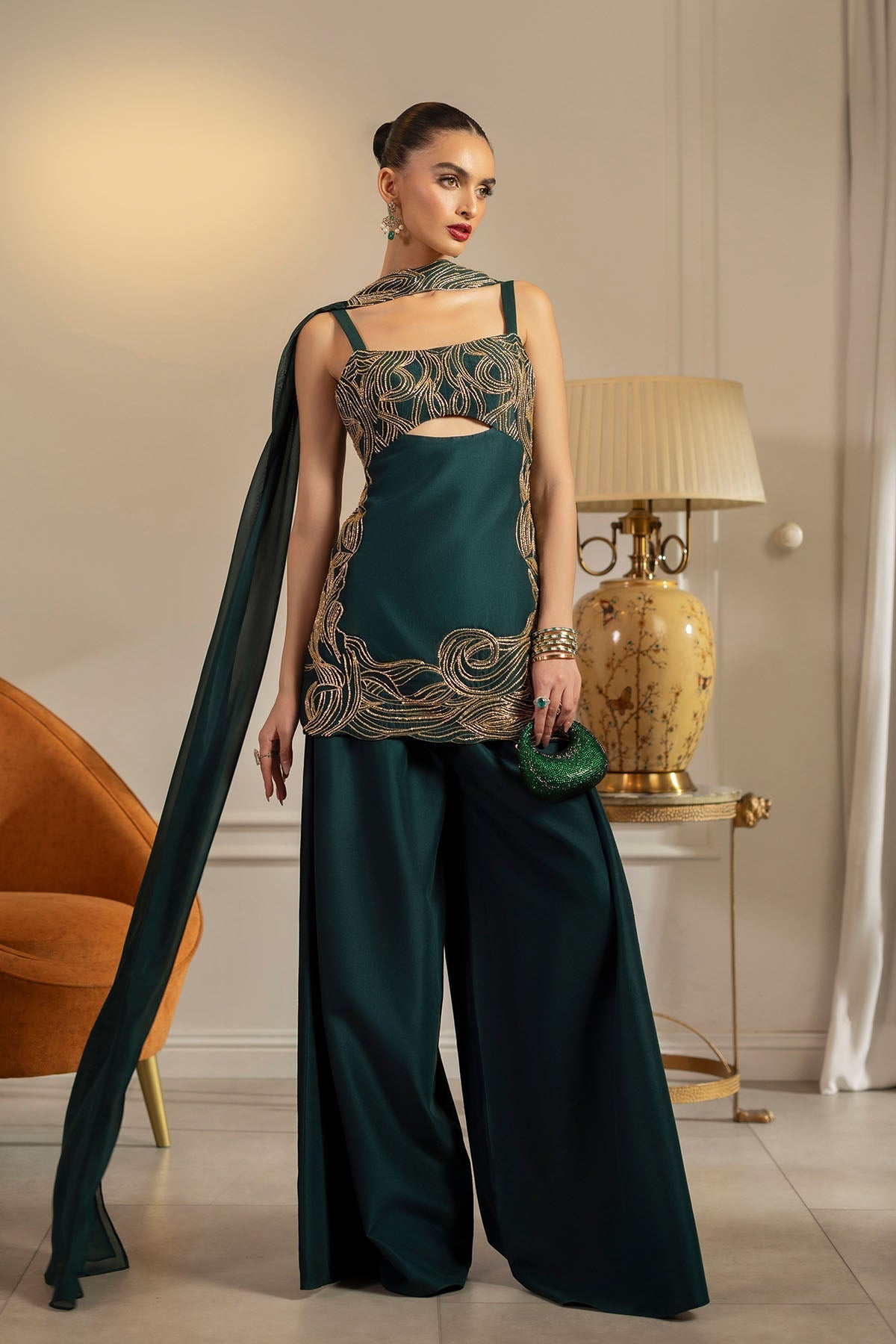 Erum Khan | Elan Formals | Emerald Noir - Formal Dress - available at Maria Faisal in UK and USA.