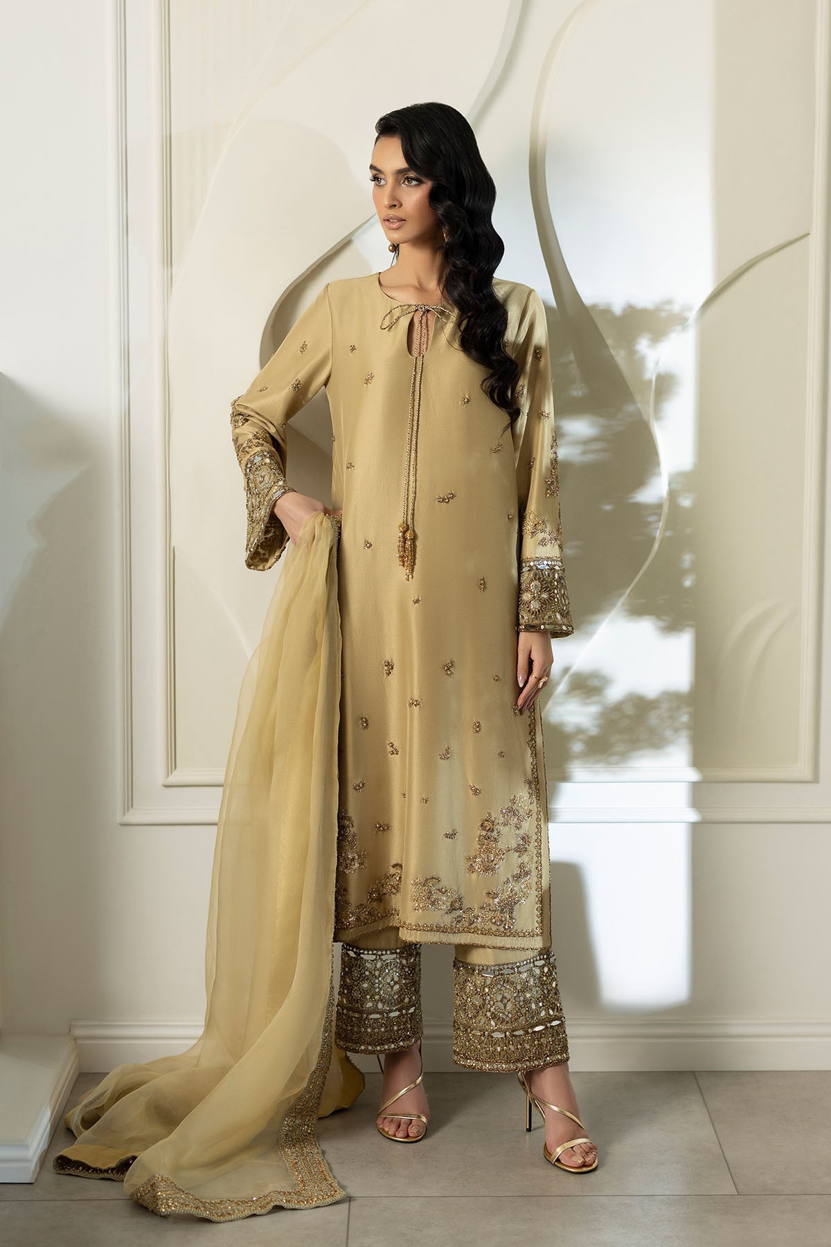Erum Khan | Elan Formals | Desert Gold - Formal Dress - available at Maria Faisal in UK and USA.