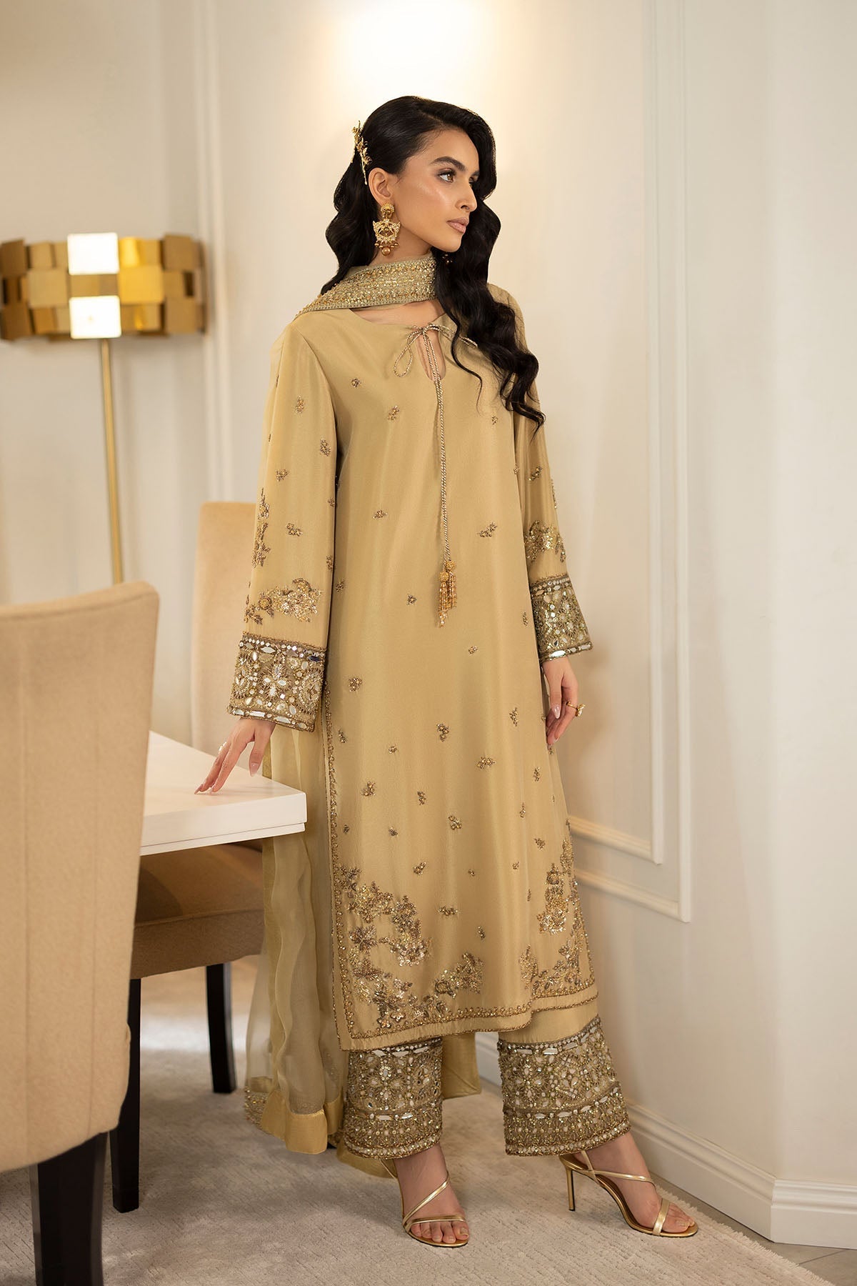Erum Khan | Elan Formals | Desert Gold - Formal Dress - available at Maria Faisal in UK and USA.