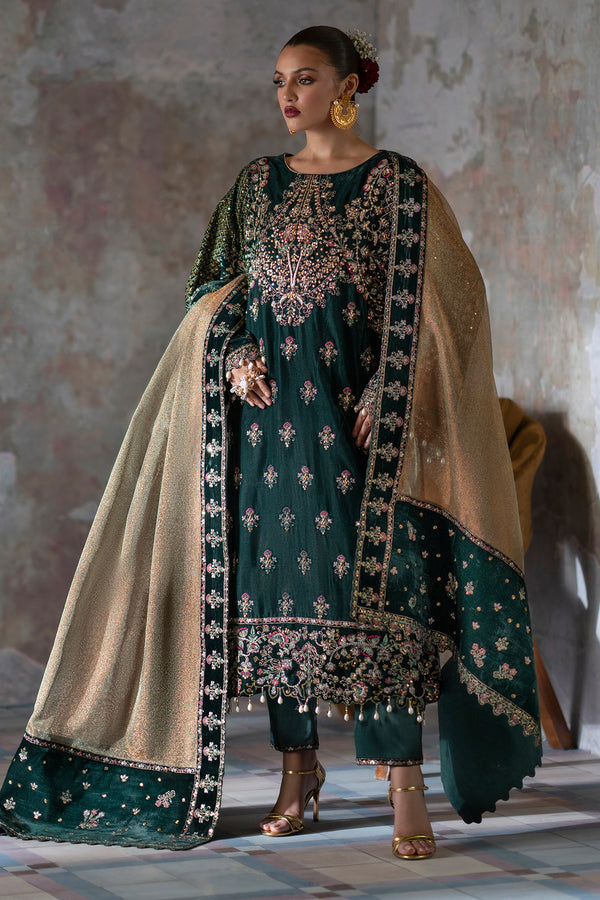 Emaan Adeel | Saanjh Velvet Collection 24 | Nisha - Designer Dress with Intricate embroidery and embellishments. Shop elegent wedding dress at Maria Faisal.