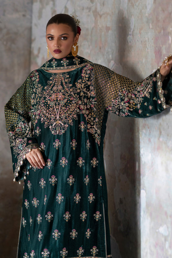 Emaan Adeel | Saanjh Velvet Collection 24 | Nisha - Designer Dress with Intricate embroidery and embellishments. Shop elegent wedding dress at Maria Faisal.