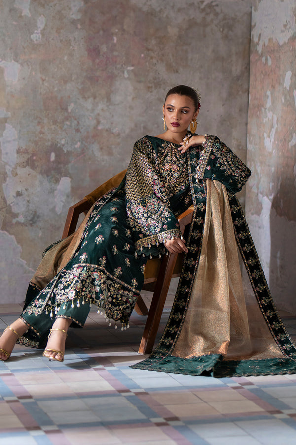 Emaan Adeel | Saanjh Velvet Collection 24 | Nisha - Designer Dress with Intricate embroidery and embellishments. Shop elegent wedding dress at Maria Faisal.