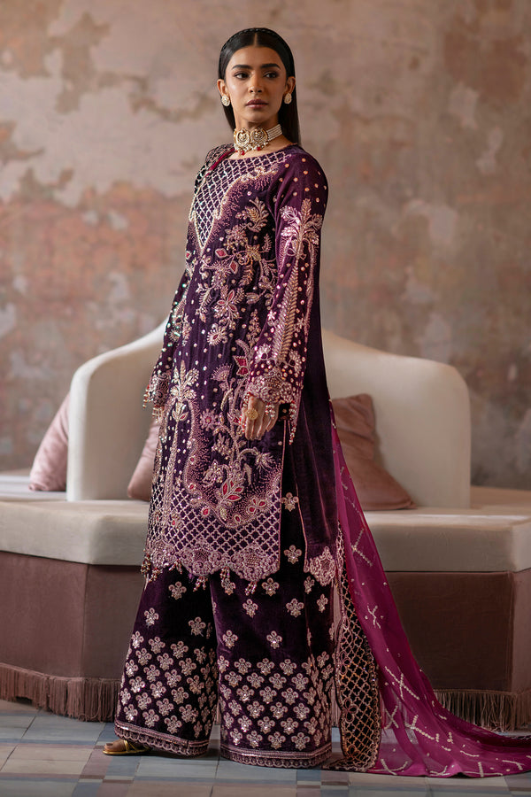 Emaan Adeel | Saanjh Velvet Collection 24 |  Anika - Designer Dress with Intricate embroidery and embellishments. Shop elegent wedding dress at Maria Faisal.