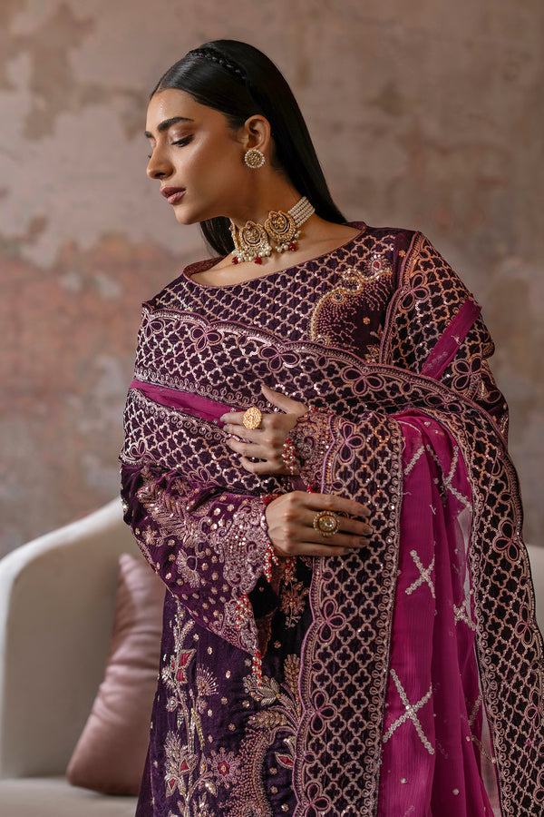Emaan Adeel | Saanjh Velvet Collection 24 |  Anika - Designer Dress with Intricate embroidery and embellishments. Shop elegent wedding dress at Maria Faisal.