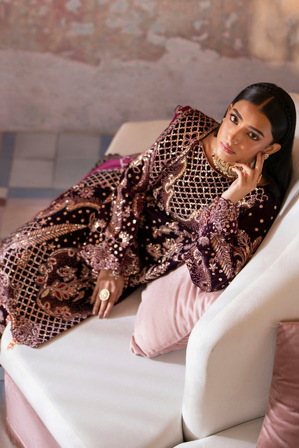 Emaan Adeel | Saanjh Velvet Collection 24 |  Anika - Designer Dress with Intricate embroidery and embellishments. Shop elegent wedding dress at Maria Faisal.