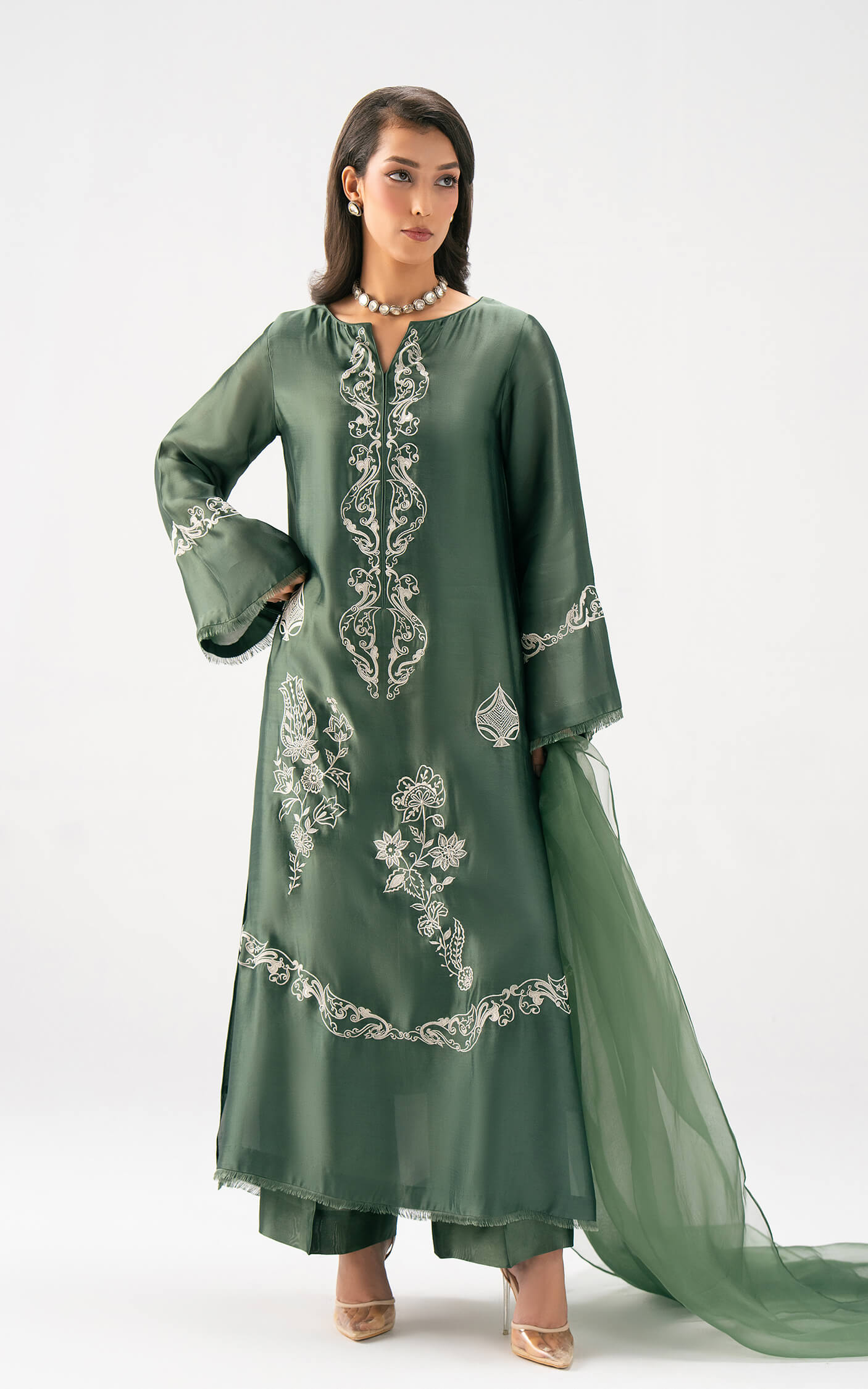 Asifa and Nabeel | Celevara Luxe | Emerald Veil - Luxury Dress - available at Maria Faisal in UK and USA.