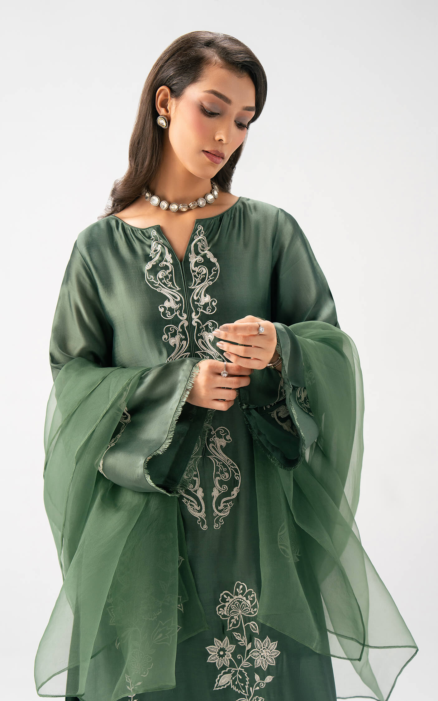 Asifa and Nabeel | Celevara Luxe | Emerald Veil - Luxury Dress - available at Maria Faisal in UK and USA.