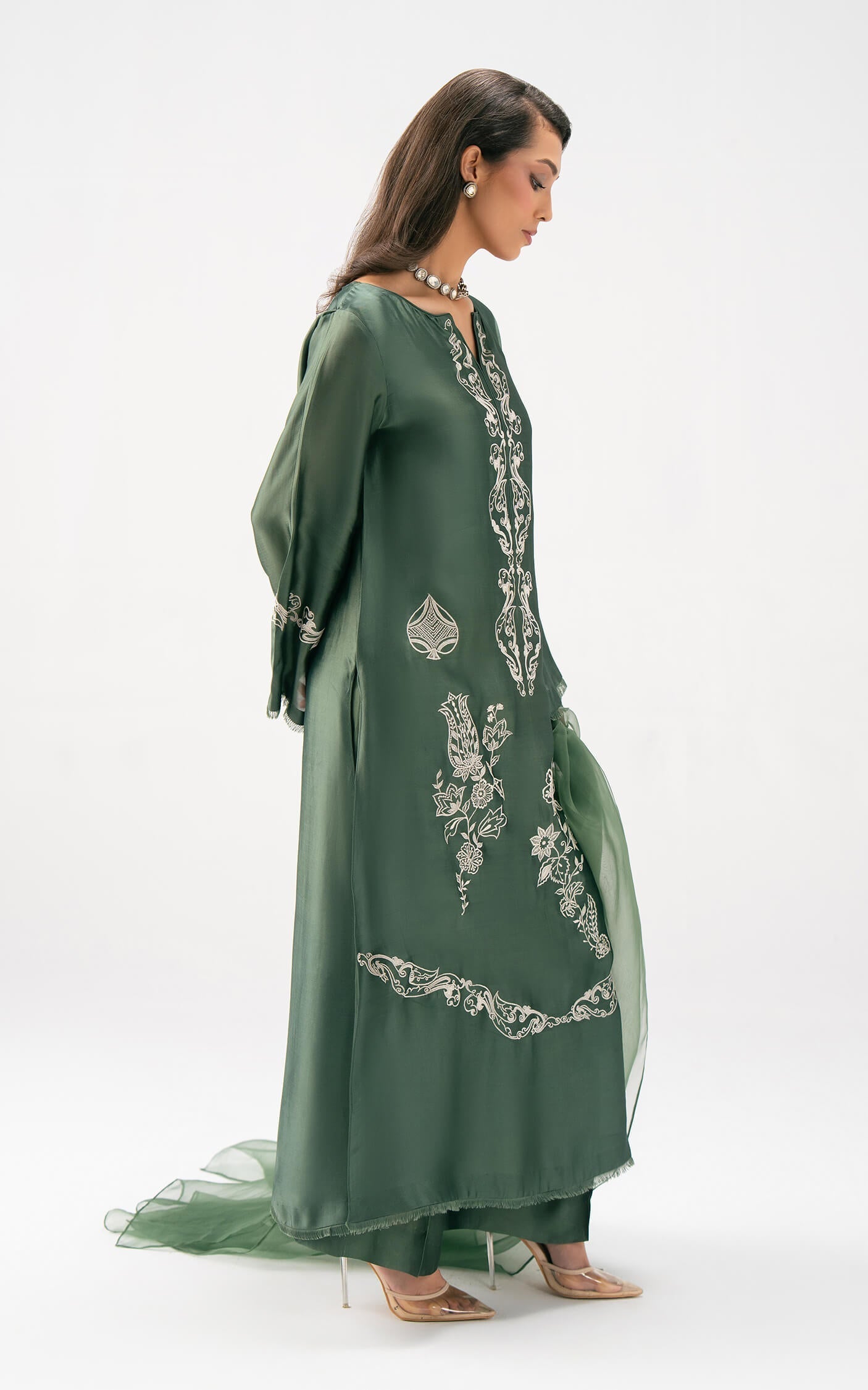 Asifa and Nabeel | Celevara Luxe | Emerald Veil - Luxury Dress - available at Maria Faisal in UK and USA.