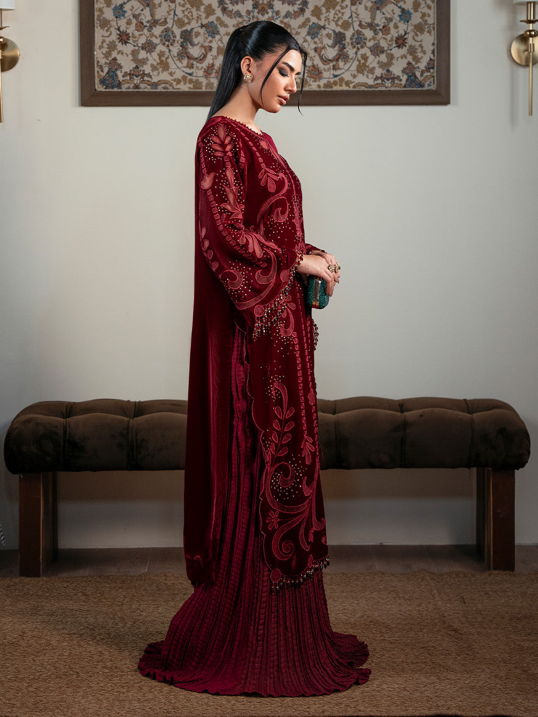 Faiza Faisal | Solene Luxury Velvets | ROUGE - Formal Dress - available at Maria Faisal in UK and USA.