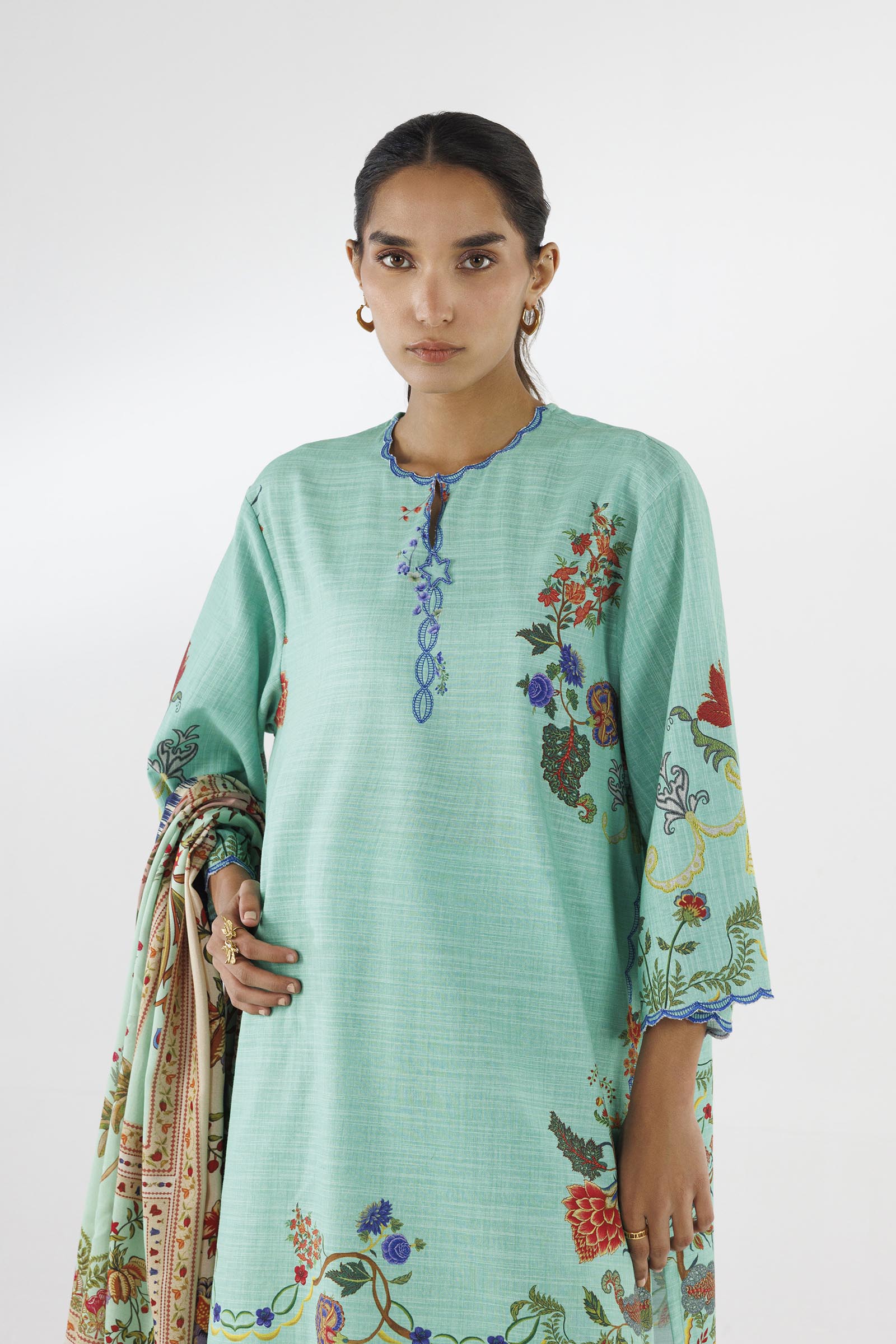 Sana Safinaz | Luxury Pret | Muzlin Khaddar Suit FW25MUZ004BP3 - Dress - available at Maria Faisal in UK and USA.