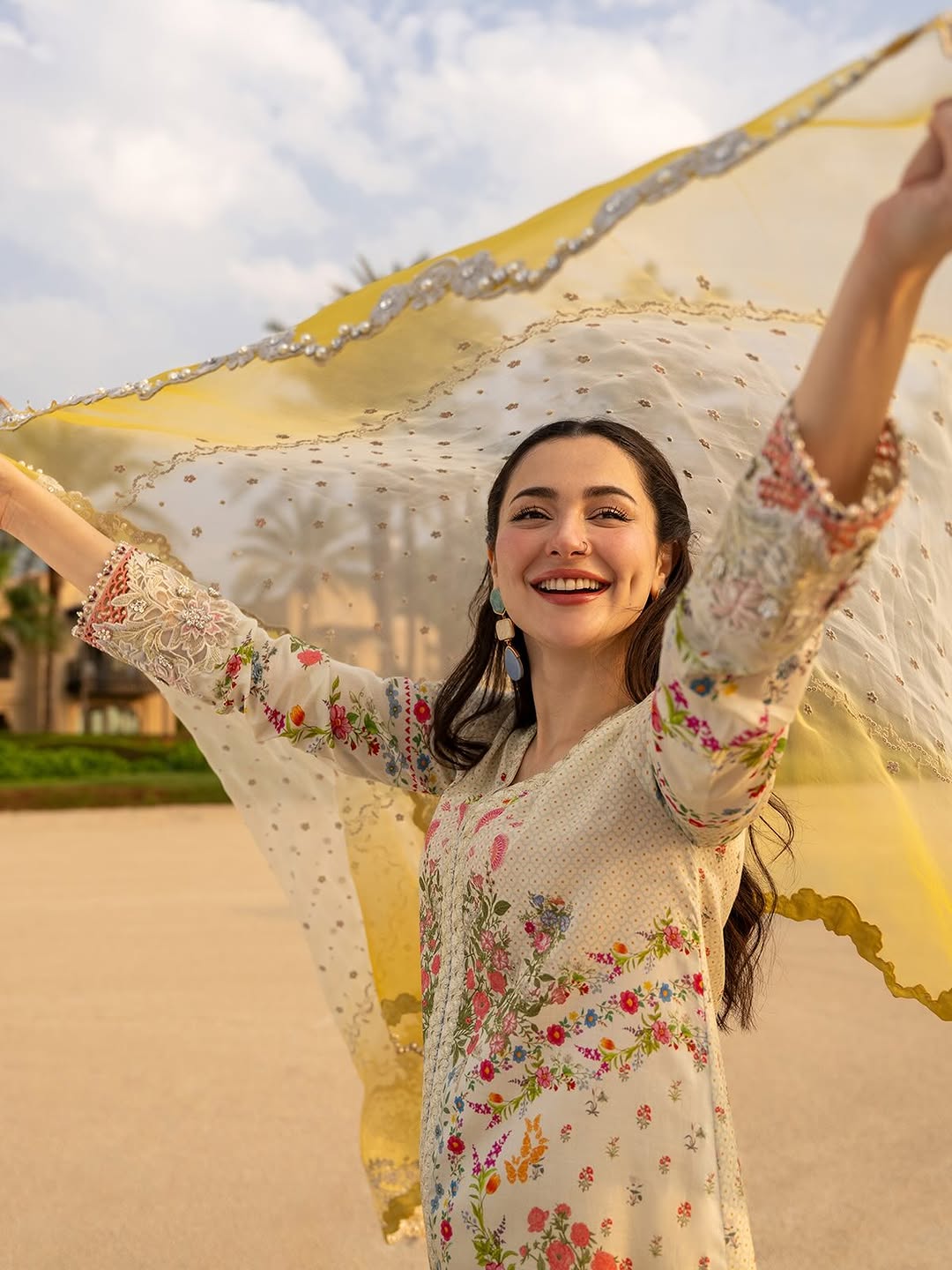 Hania Amir Wearing Yellow Mustard Dress Arta from Faiza Saqlain Aya Luxury Lawn - Closeup - Available for women in UK and USA. 