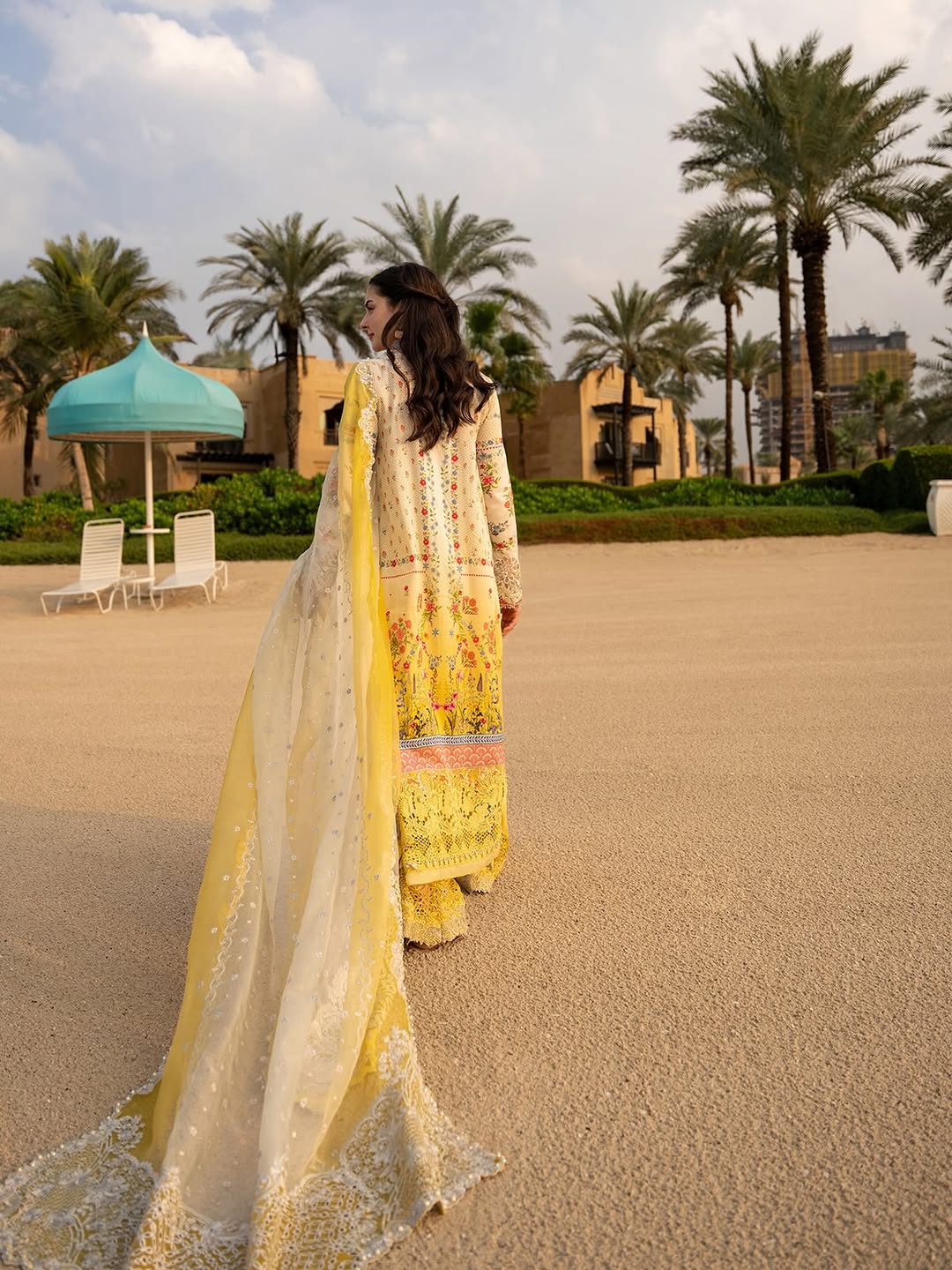 Hania Amir Wearing Yellow Mustard Dress Arta from Faiza Saqlain Aya Luxury Lawn - Back look - Available for women in UK and USA. 
