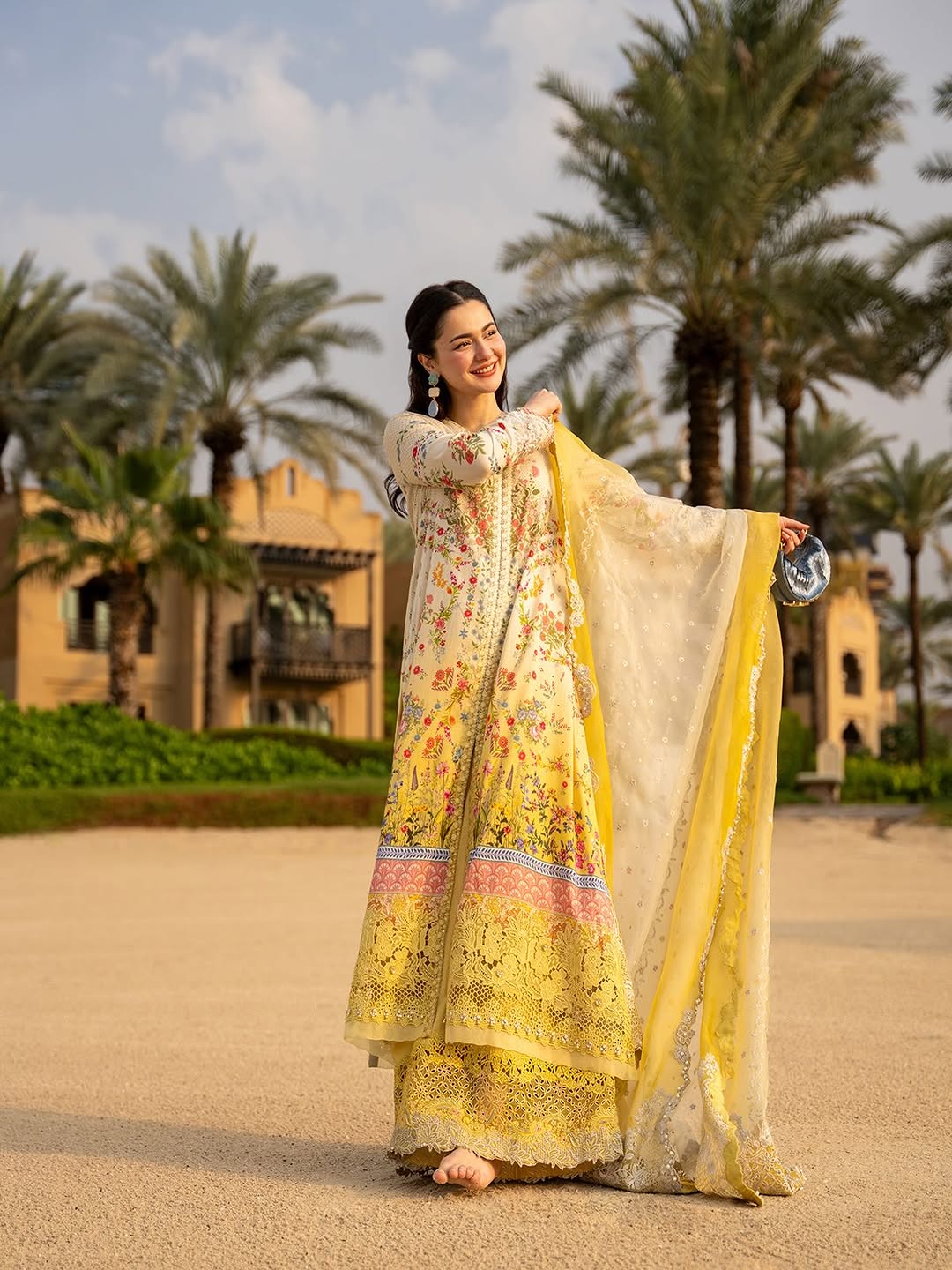 Hania Amir Wearing Yellow Mustard Dress Arta from Faiza Saqlain Aya Luxury Lawn - Front look - Available for women in UK and USA. 