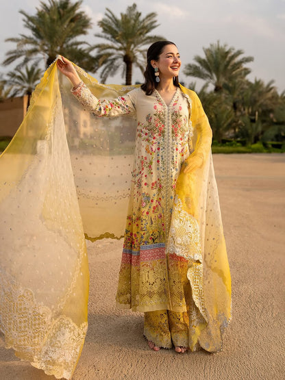 Hania Amir Wearing Yellow Mustard Dress Arta from Faiza Saqlain Aya Luxury Lawn - Front look - Available for women in UK and USA. 