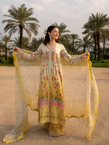 Hania Amir Wearing Yellow Mustard Dress Arta from Faiza Saqlain Aya Luxury Lawn - Front look - Available for women in UK and USA. 