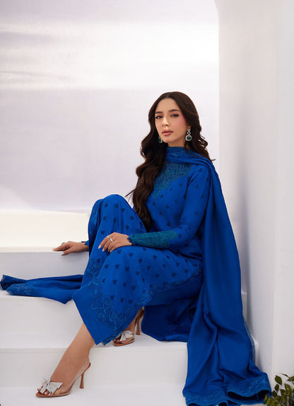 Farah Talib Aziz | Zaza Luxe Pret 24 | CHARR BLUE EMBROIDERED RAW SILK SHIRT AND DUPATTA - Ladies Clothes - Maria Faisal
