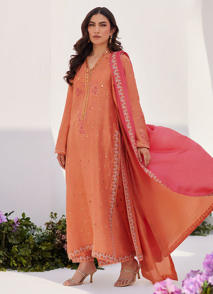 Farah Talib Aziz | Zaza Luxe Pret 24 | ELYNA CORAL EMBROIDERED RAW SILK SHIRT AND DUPATTA - Ladies Clothes - Maria Faisal