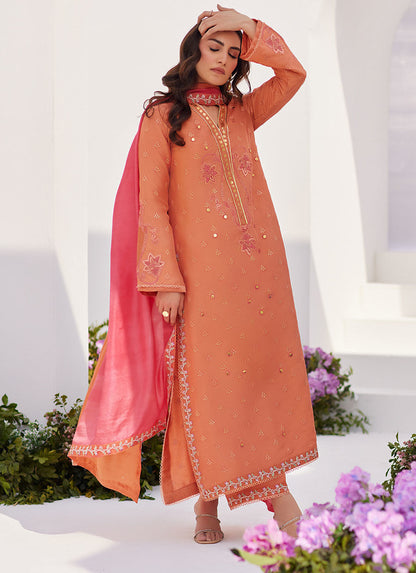 Farah Talib Aziz | Zaza Luxe Pret 24 | ELYNA CORAL EMBROIDERED RAW SILK SHIRT AND DUPATTA - Ladies Clothes - Maria Faisal
