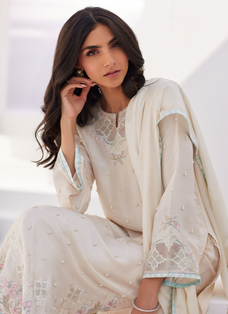 Farah Talib Aziz | Zaza Luxe Pret 24 | LYA IVORY EMBELLISHED RAW SILK SHIRT AND DUPATTA - Ladies Clothes - Maria Faisal
