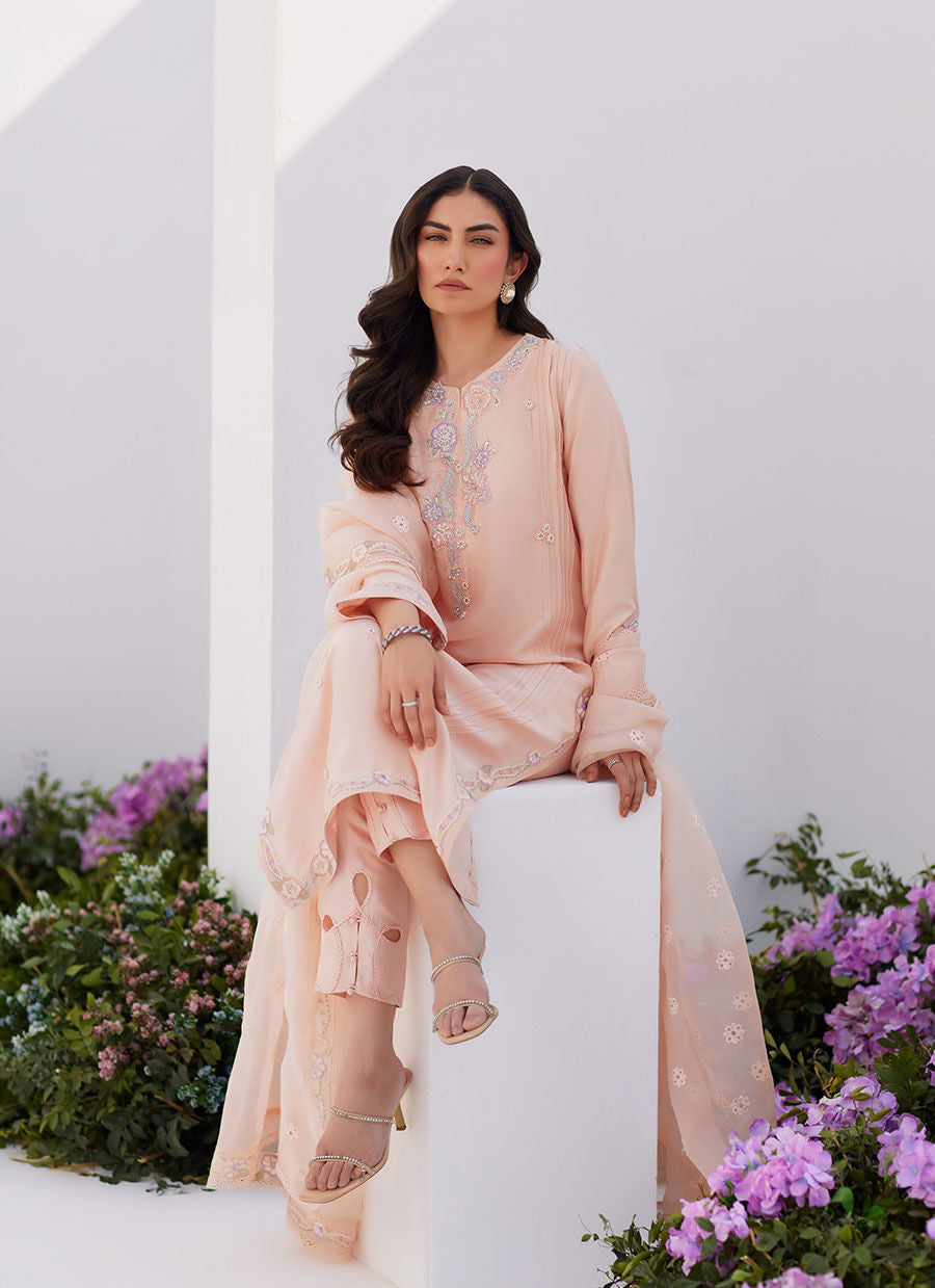 Farah Talib Aziz | Zaza Luxe Pret 24 | ELEA PEACH EMBROIDERED RAW SILK SHIRT AND DUPATTA - Ladies Clothes - Maria Faisal