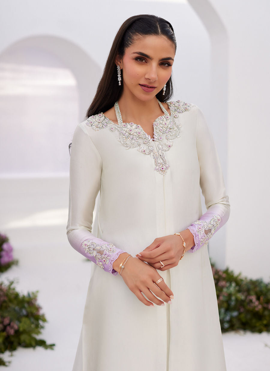 Farah Talib Aziz | Zaza Luxe Pret 24 | LIQUE SILVER OMBRE EMBELLISHED KAFTAAN CUT SHIRT - Ladies Clothes - Maria Faisal
