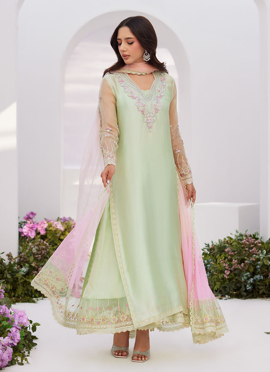 Farah Talib Aziz | Zaza Luxe Pret 24 | COLLETTE MINT OMBRE EMBELLISHED COLUMN SHIRT WITH KALIDAAR WITH EMBROIDERED SLIP - Ladies Clothes - Maria Faisal