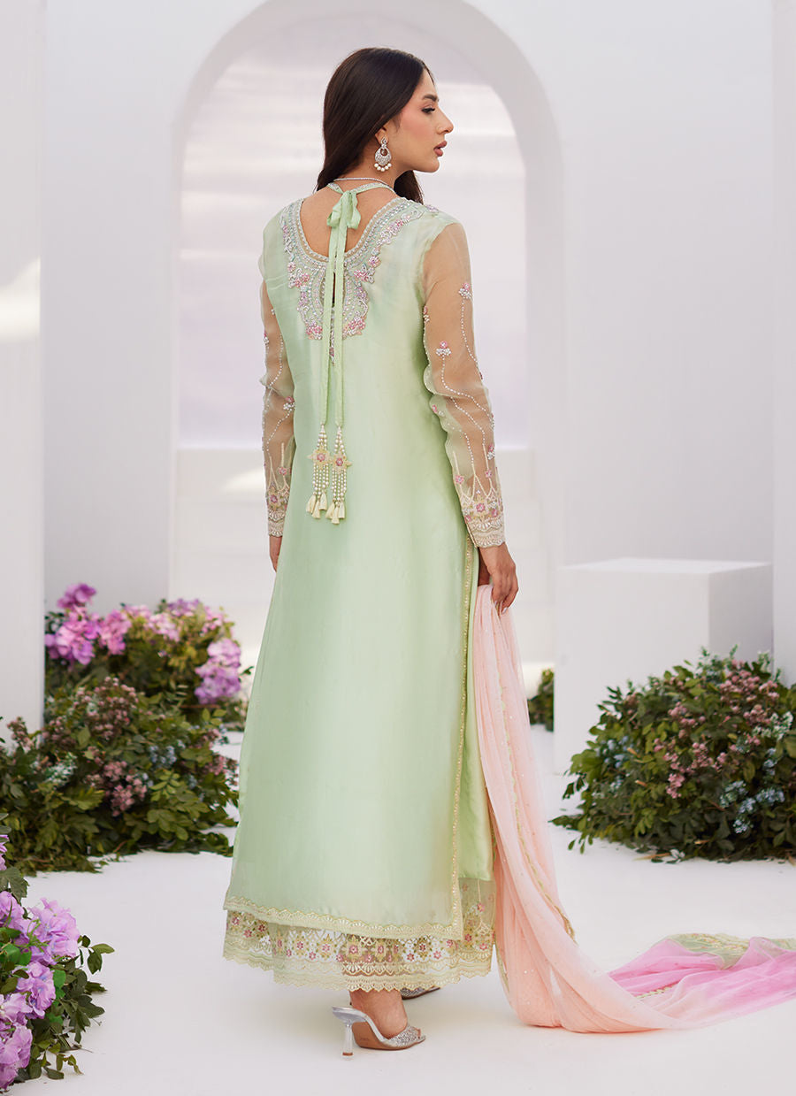 Farah Talib Aziz | Zaza Luxe Pret 24 | COLLETTE MINT OMBRE EMBELLISHED COLUMN SHIRT WITH KALIDAAR WITH EMBROIDERED SLIP