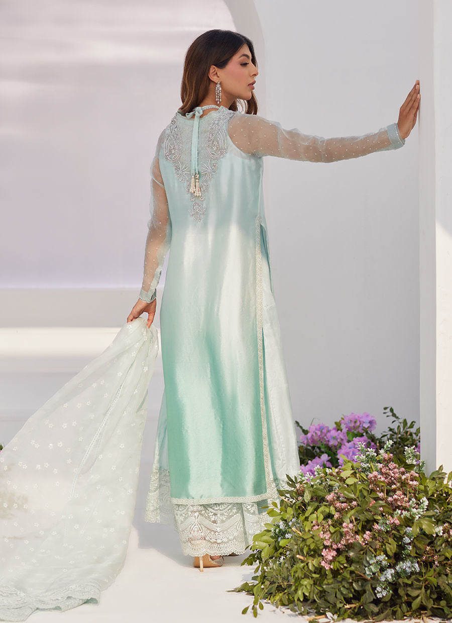 Farah Talib Aziz | Zaza Luxe Pret 24 | SOLENE AQUA OMBRE EMBELLISHED COLUMN SHIRT WITH EMBROIDERED KALIDAAR SLIP