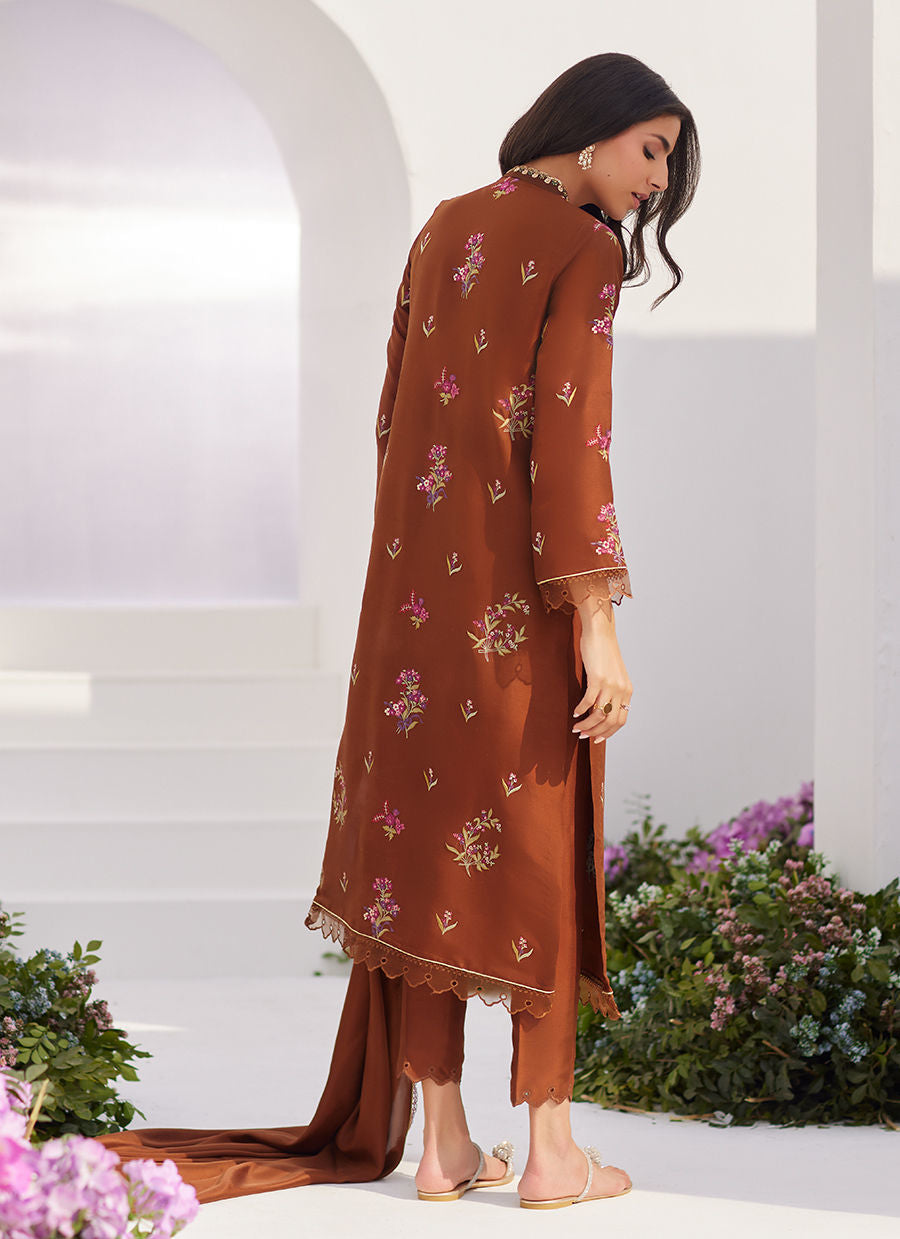 Farah Talib Aziz | Zaza Luxe Pret 24 | NOEMIE CHOCOLATE EMBROIDERED RAW SILK SHIRT AND DUPATTA - Ladies Clothes - Maria Faisal