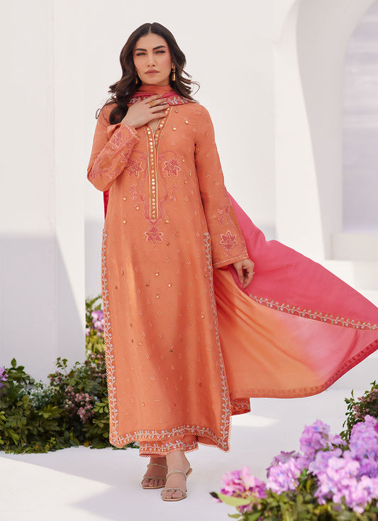 Farah Talib Aziz | Zaza Luxe Pret 24 | ELYNA CORAL EMBROIDERED RAW SILK SHIRT AND DUPATTA - Ladies Clothes - Maria Faisal